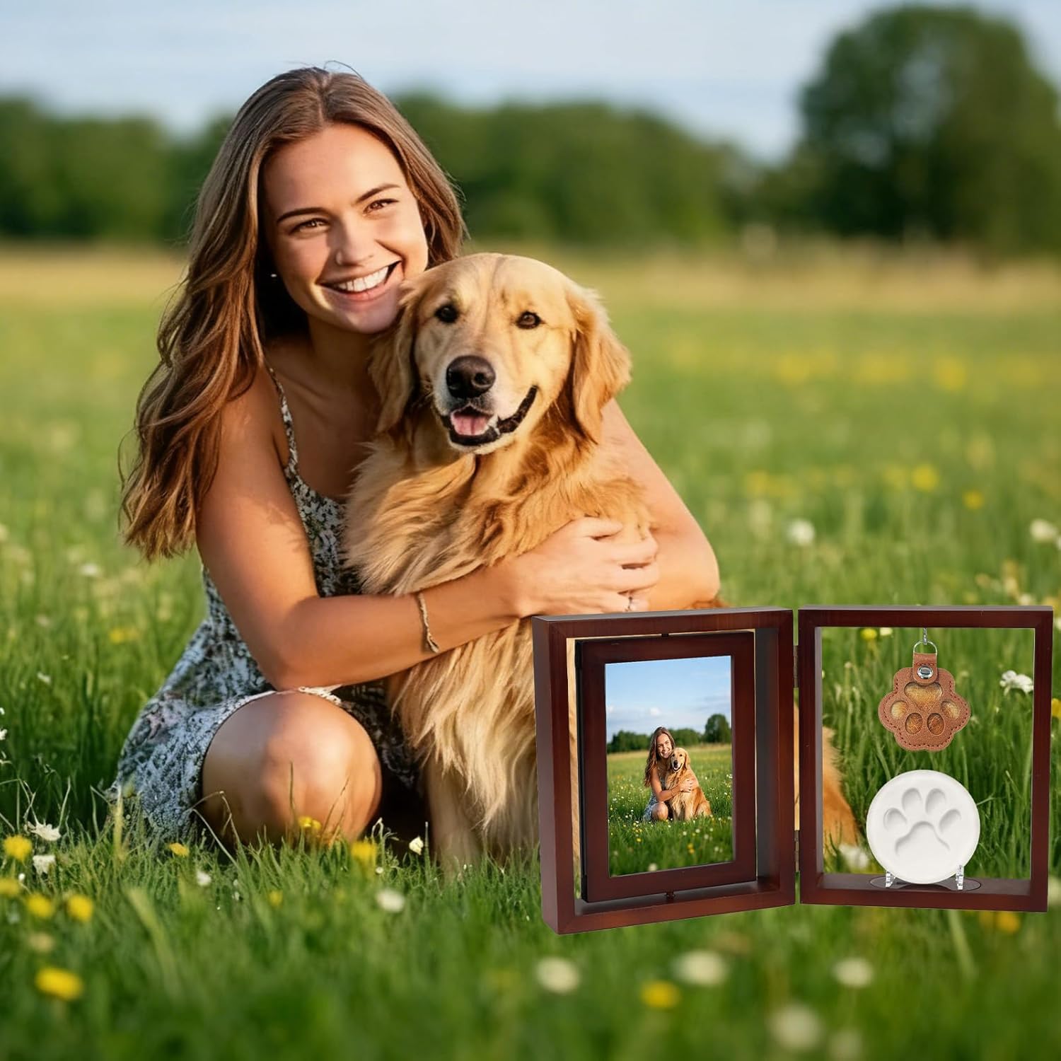 Vivifying Dog Memorial Picture Frame with Clay Kit, Keepsake to Celebrate or Remember Your Dog or Cat, Sympathy Gift for Loss of Pet, 6x4In Foldable Wooden Picture Frame