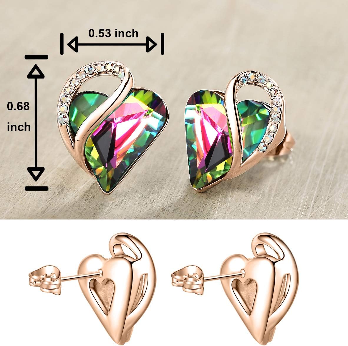 Leafael 18K Rose Gold Plated Love Heart Stud Earrings with Healing Stone Crystal Jewelry Gifts for Women - Image 2