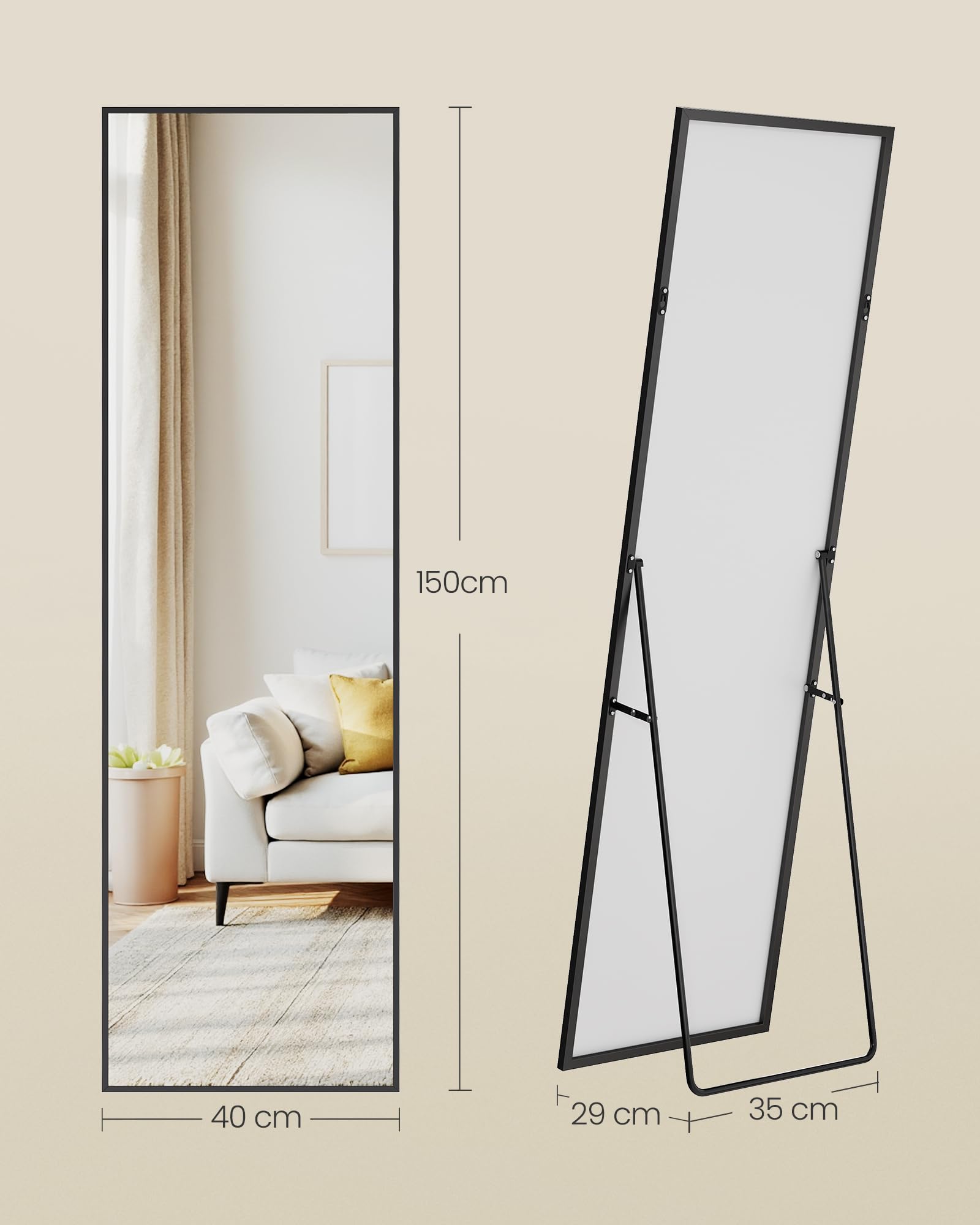 SONGMICS Specchio a Figura Intera, 150 x 40 cm, Specchio da Terra Rettangolare con Supporto, Cornice in Lega di Alluminio, Vetro Temperato, Camera da Letto Soggiorno, Nero Inchiostro LFM054BD01 | Telaio in Lega di Alluminio, Acciaio, Vetro a Specchio, Ang