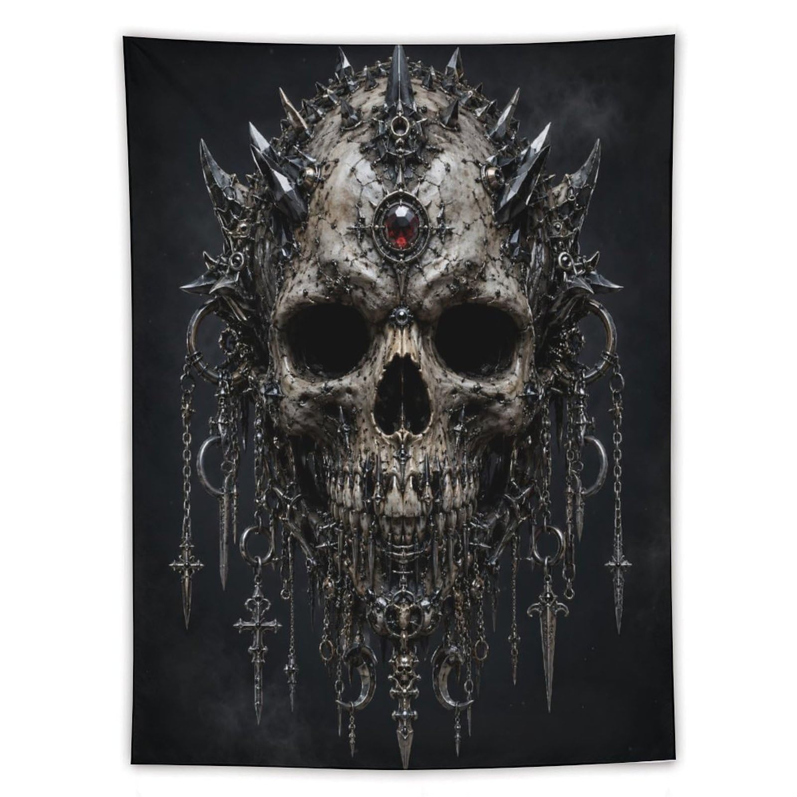 W7C8U2X3 Ornate Punk Metal Skull Wall Tapestry, Dark Fantasy Illustration