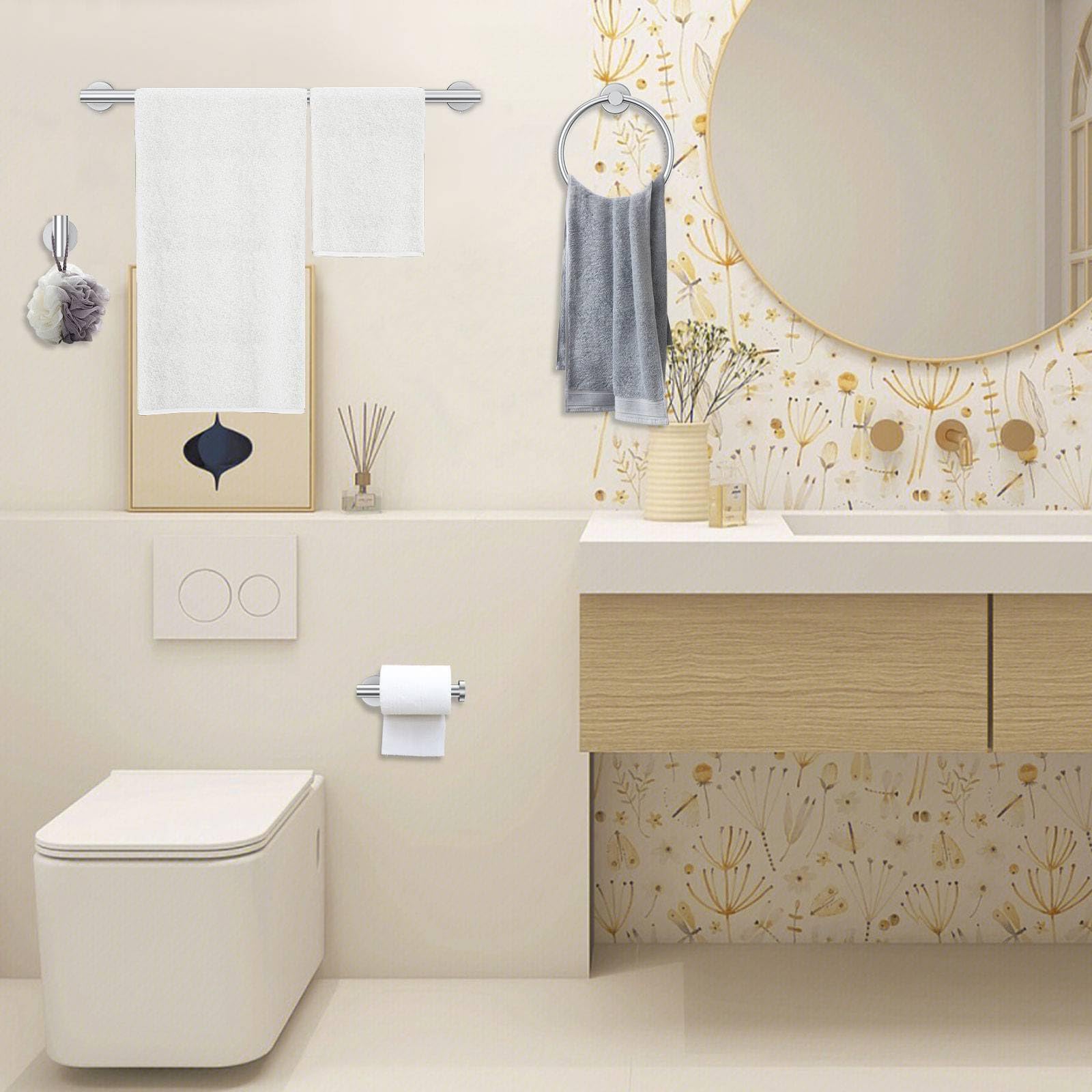 Set di 10 portasciugamani in nichel spazzolato, accessori per il bagno, include barra portasciugamani da 60 cm, anello per asciugamani rotondo e ganci in acciaio inox, set di portasciugamani da parete