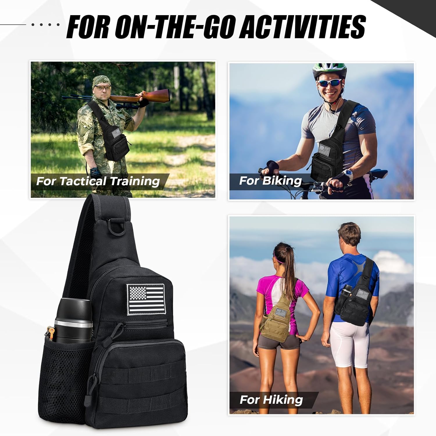 Tactical Sling Bag, Compact Military MOLLE EDC Shoulder Backpack, Crossbody Chest Daypack with Water Bottle Holder for Outdoor Travel (Black) - Image 7