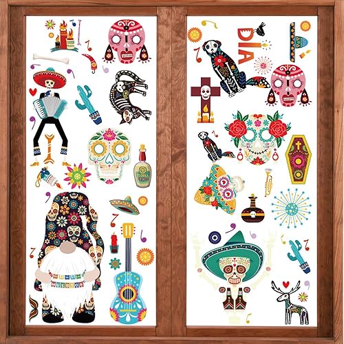 Miniatura 3 de Calcomanías para ventana de Halloween, calaveras de azúcar, Día de los Muertos, fiesta mexicana, calavera de azúcar, calcomanías reutilizables
