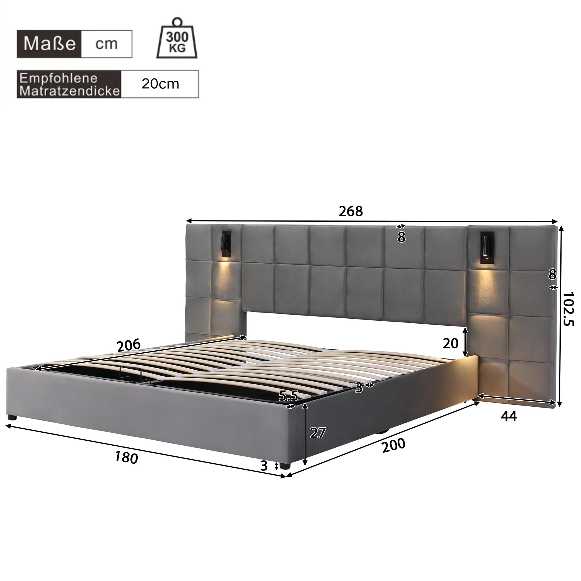 Cama Doble 180x200 cm, Cama Tapizada con Lámpara Direccional y Carga USB, Cama Matrimonio con Cabecero Ancho y Estructura de Acero, Espacio de Almacenamiento Hidráulico, Gris, Sin Colchón