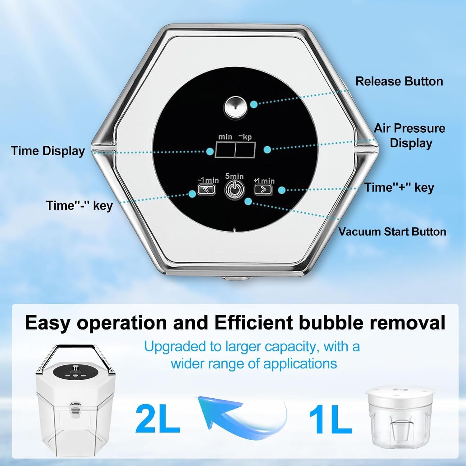 Resin Bubble Remover with Timing, 3–20 Minutes Effective 99% Bubble Removal, 99 kPa Resin Vacuum Chamber, 2L Epoxy Resin Bubble Remover Machine for Resin Molds Arts Crafts Jewelry Making