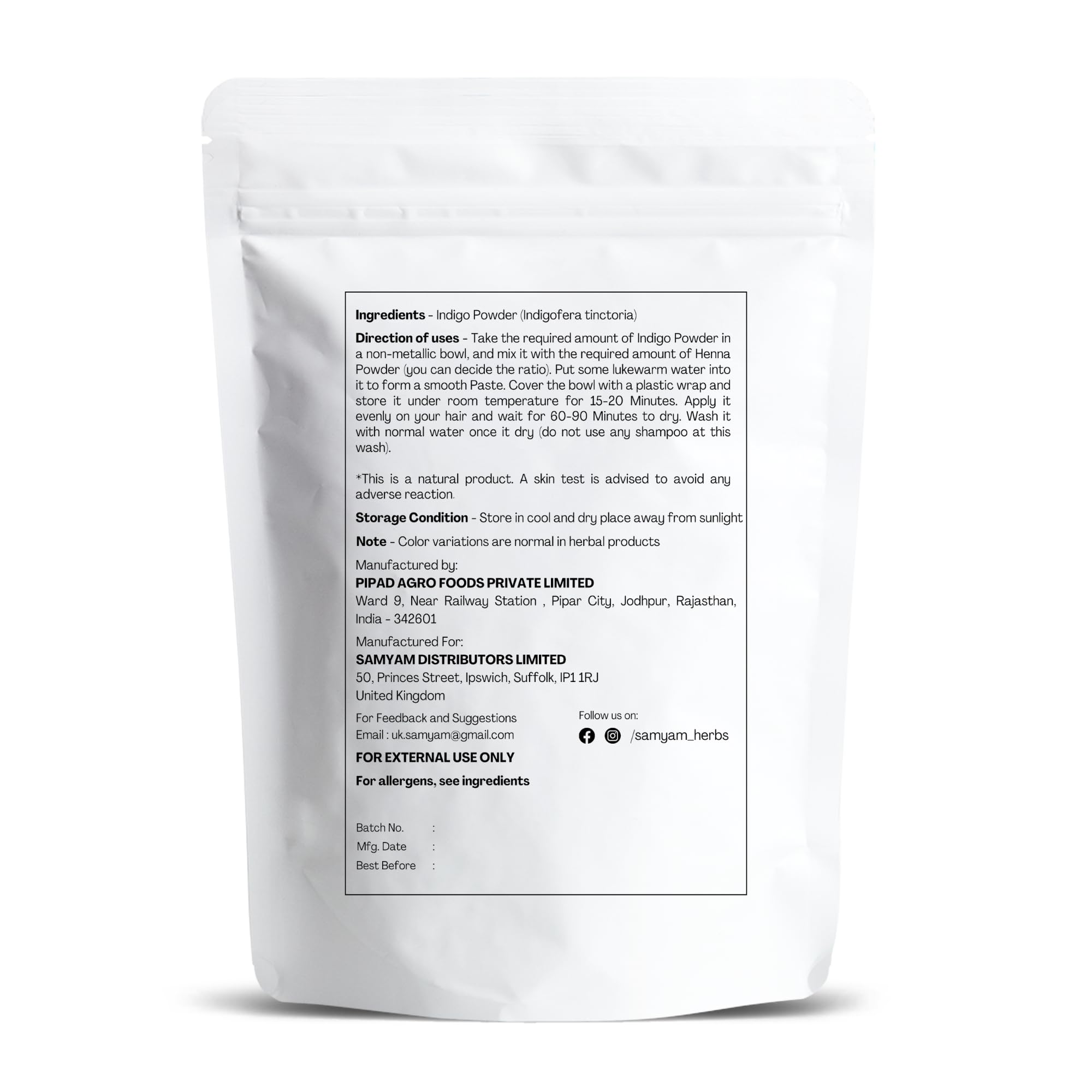 SAMYAM Poudre d'indigo naturelle - Paquet de 500 g | Teinture capillaire naturelle, sans produits chimiques ni PPD