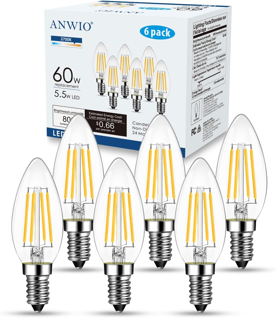 ANWIO B11 LED Filament Bulb E12 Candelabra Small Base 2700K Warm White, 5.5W(60W Equivalent) 800 Lumens Non-Dimmable Decorative Candle Light Bulb, Pack of 6