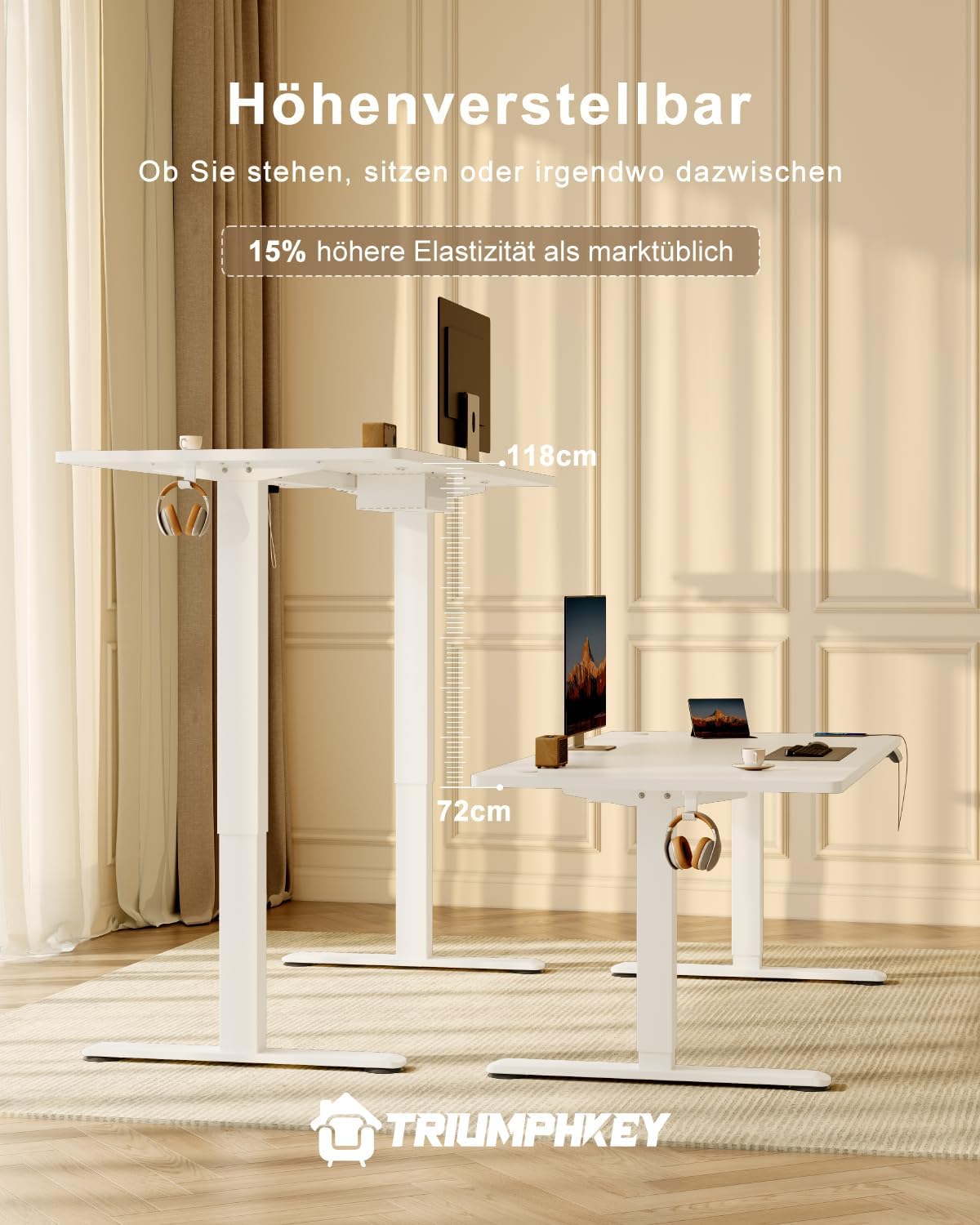 Two desks showing the height adjustment range from 72cm to 118cm