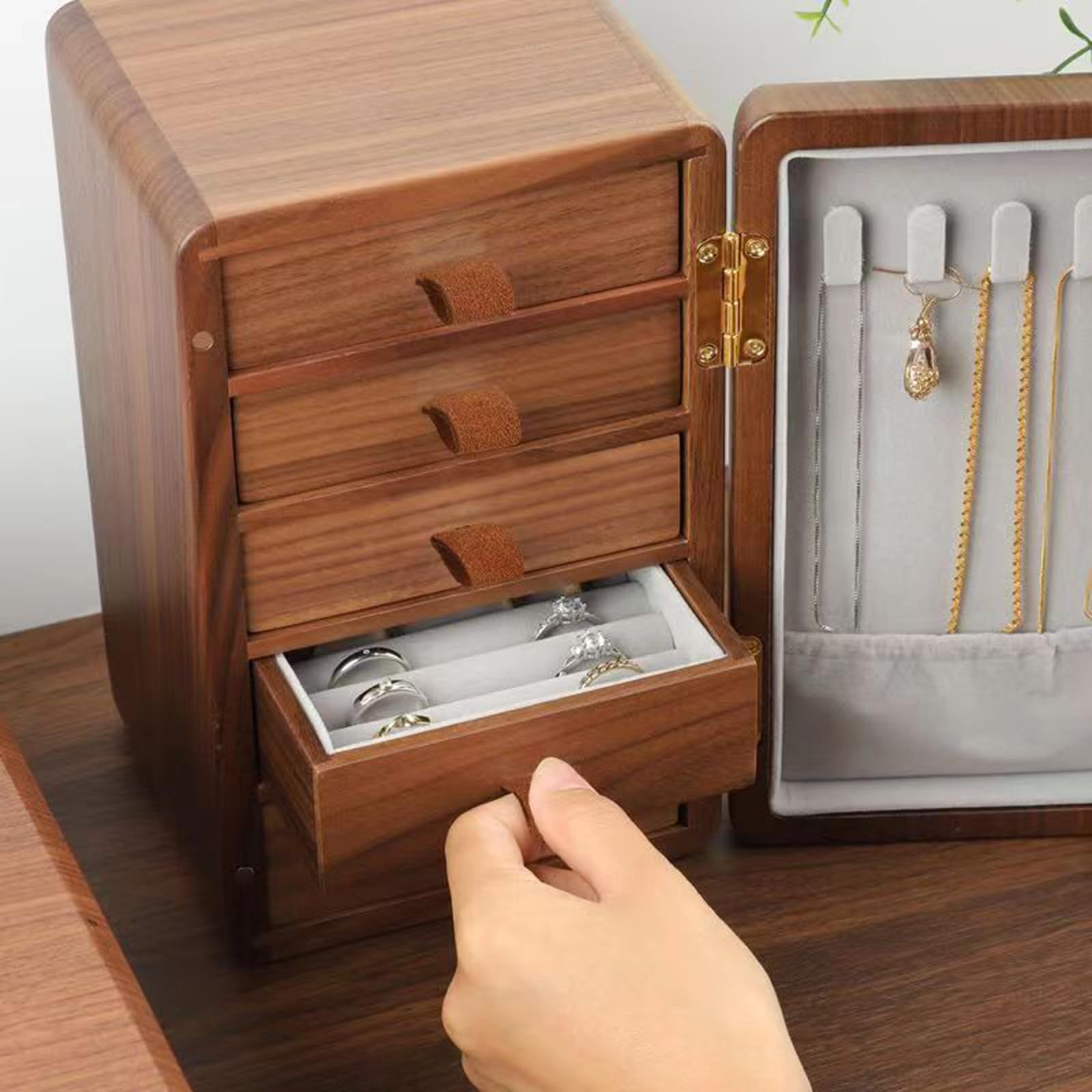 Schmuckschatulle, sichere Aufbewahrung, Organizer für Halsketten, Ringe, 5 Schubladen, Schmuck Aufbewahrungsbox, Präsentationshalter für Frauen, Geburtstag, Holz mit Fächern, Ohrring Armband Organizer