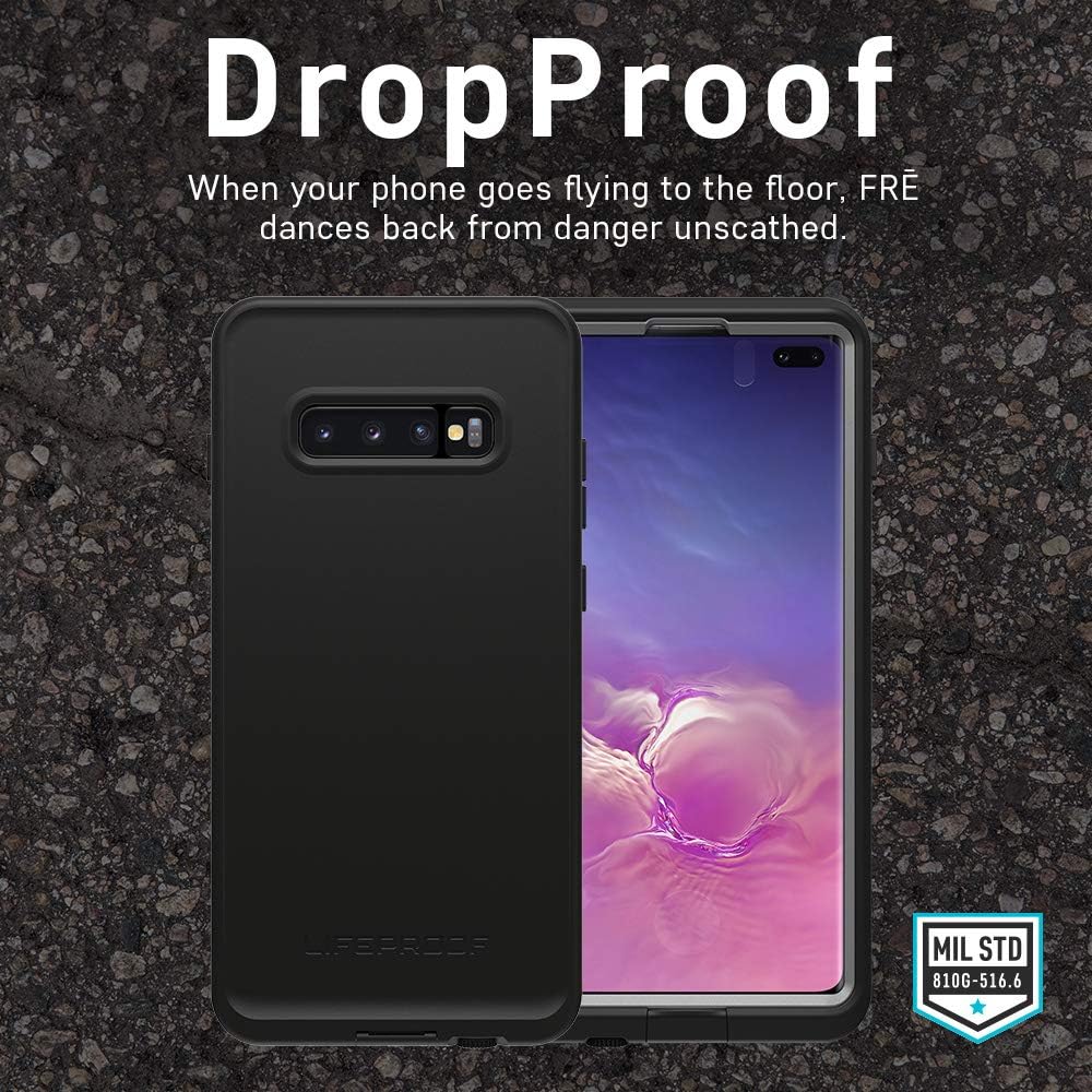 LifeProof FRĒ Series case on a rocky surface, highlighting its dropproof capability with MIL STD 810G-516.6 certification.