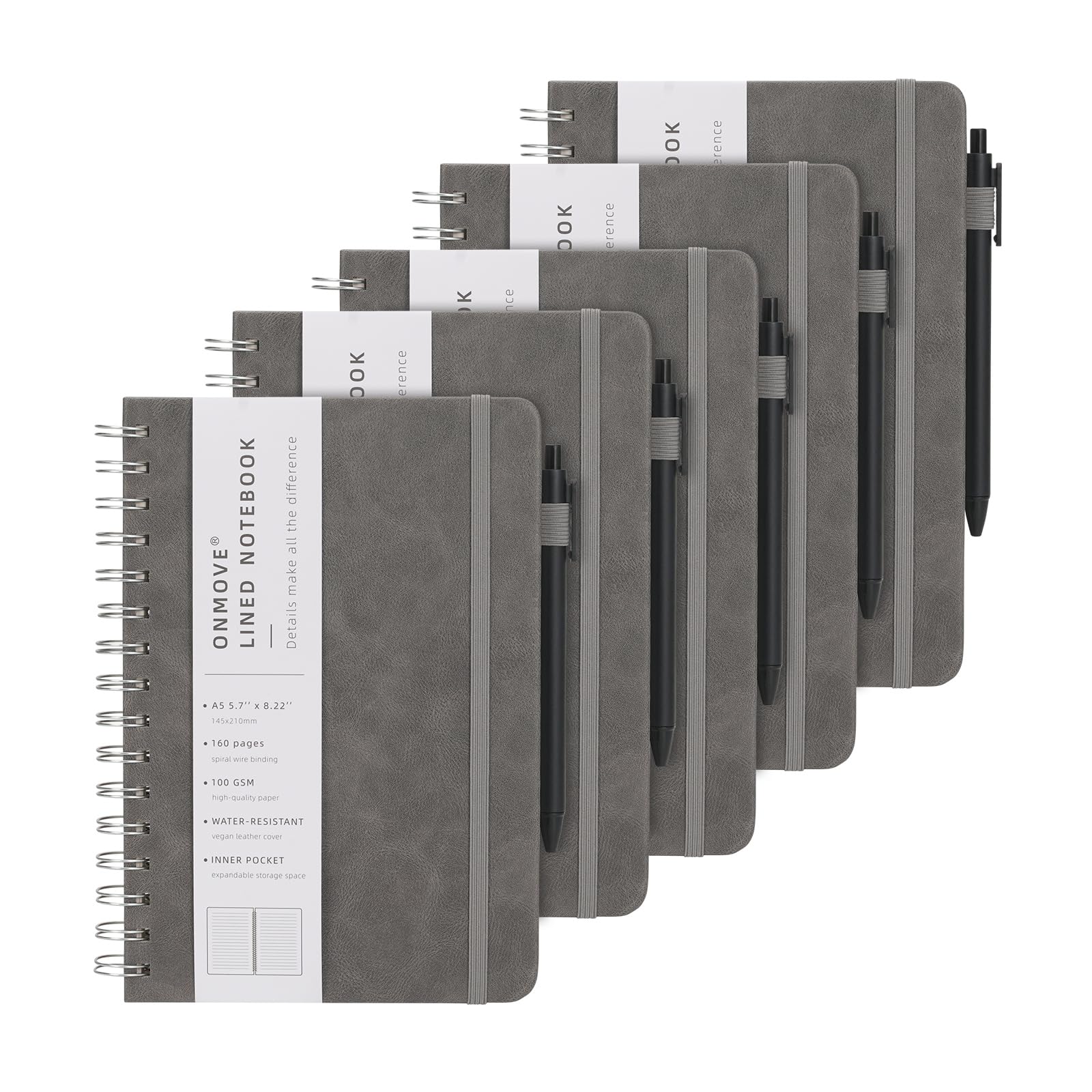 OnMove Lot de 5 carnets à spirale pour homme et femme avec couverture rigide en cuir et porte-stylo - Format A5 - 160 pages - Papier épais de 100 g/m² - Pour le travail et l'école (gris)