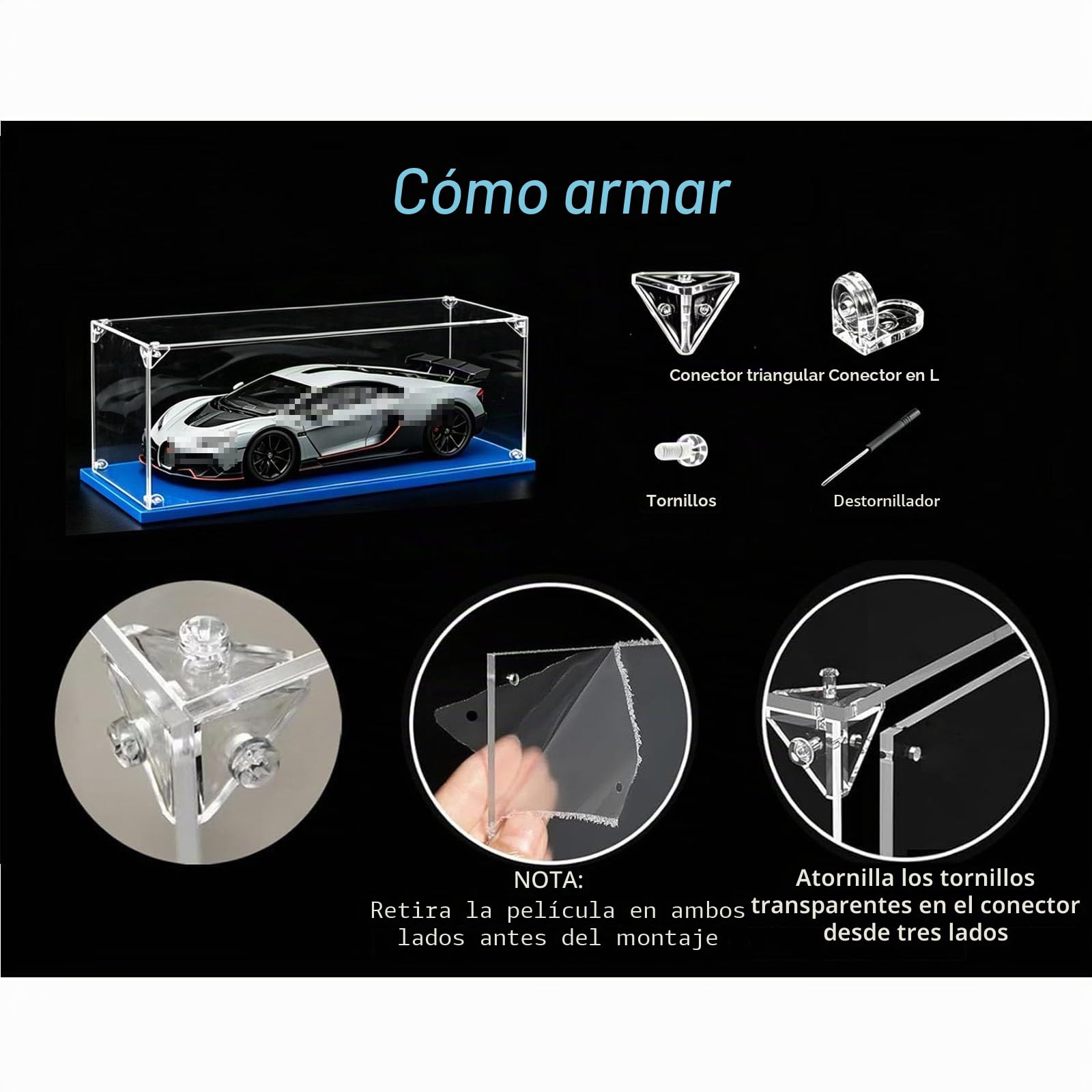 3mm Vitrina acrílica Transparente, Vitrina Expositora para Lego, Caja de Acrílico para el Hogar para Objetos de Colección，Caja de Acrílico con Base Azul para el Hogar (36x35x30CM)