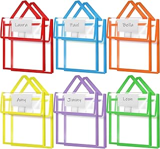 Teling 12 Pack Thick Clear Book Pouches with Blank Name Tags and Handles Book Baggies Bags Bins Organizer for School Classroom Library Pockets Students (10 x 12 Inch,Bright Color)