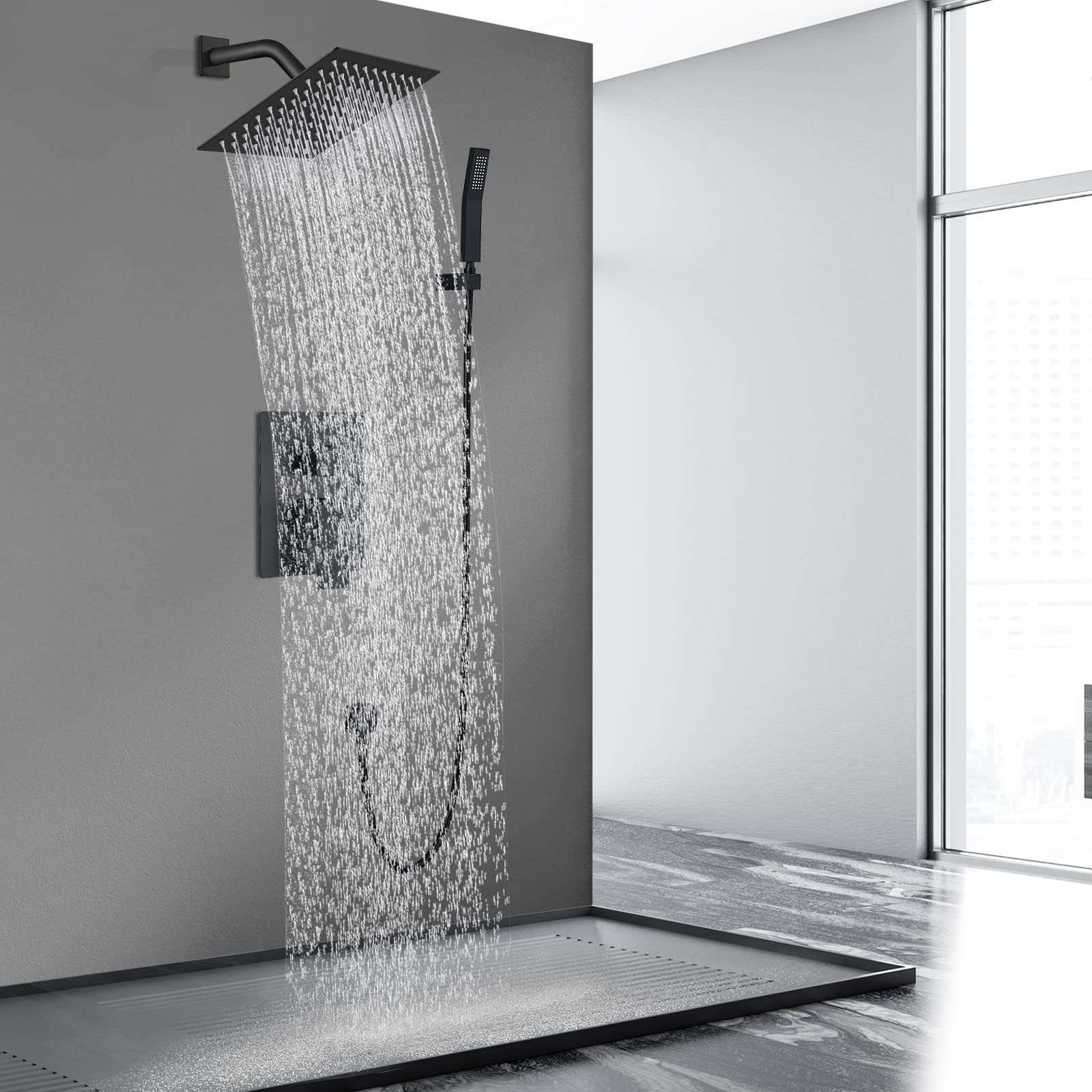 Midanya Matte Black Rain Shower System Wall Mount Shower Faucet Set 8