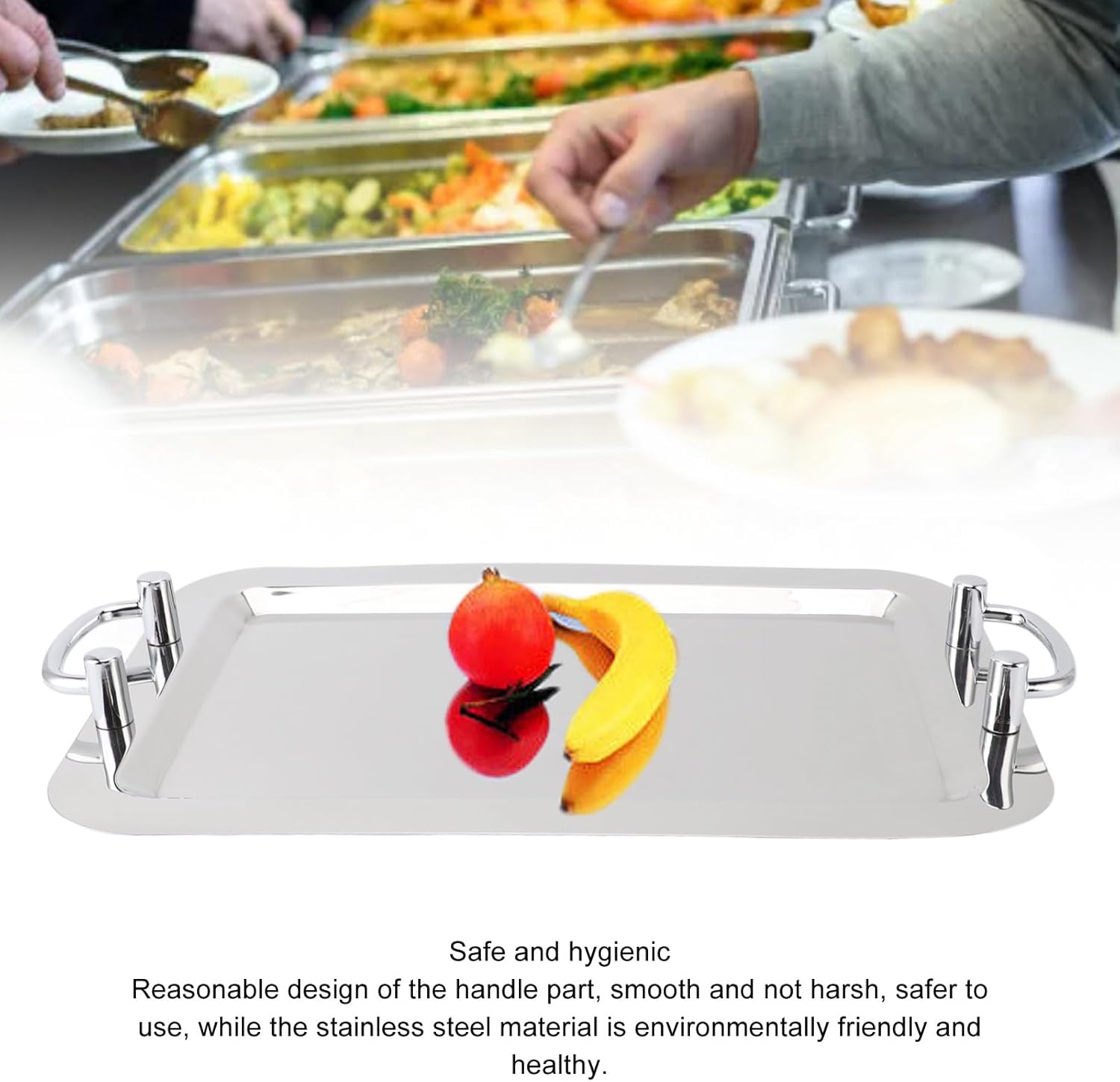 Fockety Stainless Steel Serving Tray, Multifunction Portable Metal Serving Tray with Handle, Buffet Serving Snack Tray for Coffee, Desserts, Cakes, (Rectangle Shape with