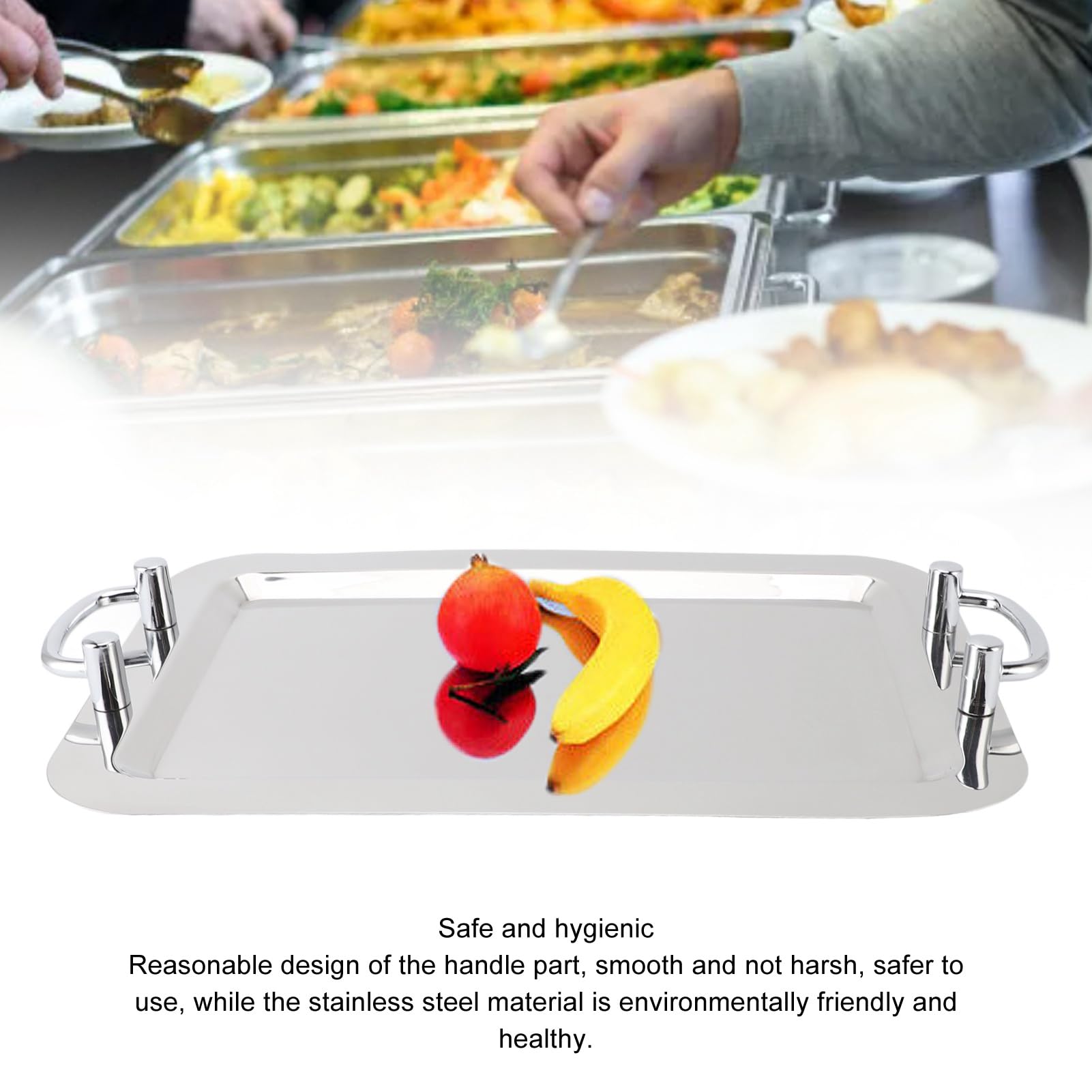 Cocoarm Bandeja de Acero Inoxidable de Acero Inoxidable 304, Bandeja de Servicio con Acabado Espejo, Plato de Cena con Asa para Restaurante, Hotel, bufé, para (Forma rectangular con plateado, 47,5