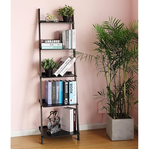 HYNAWIN Ladder Shelf 5 Tier Bookcase, Multipurpose Plant Flower Stand Bookshelf Storage Rack Shelves, Wood Look Accent Bamboo Frame Modern Furniture Home Office (Black)