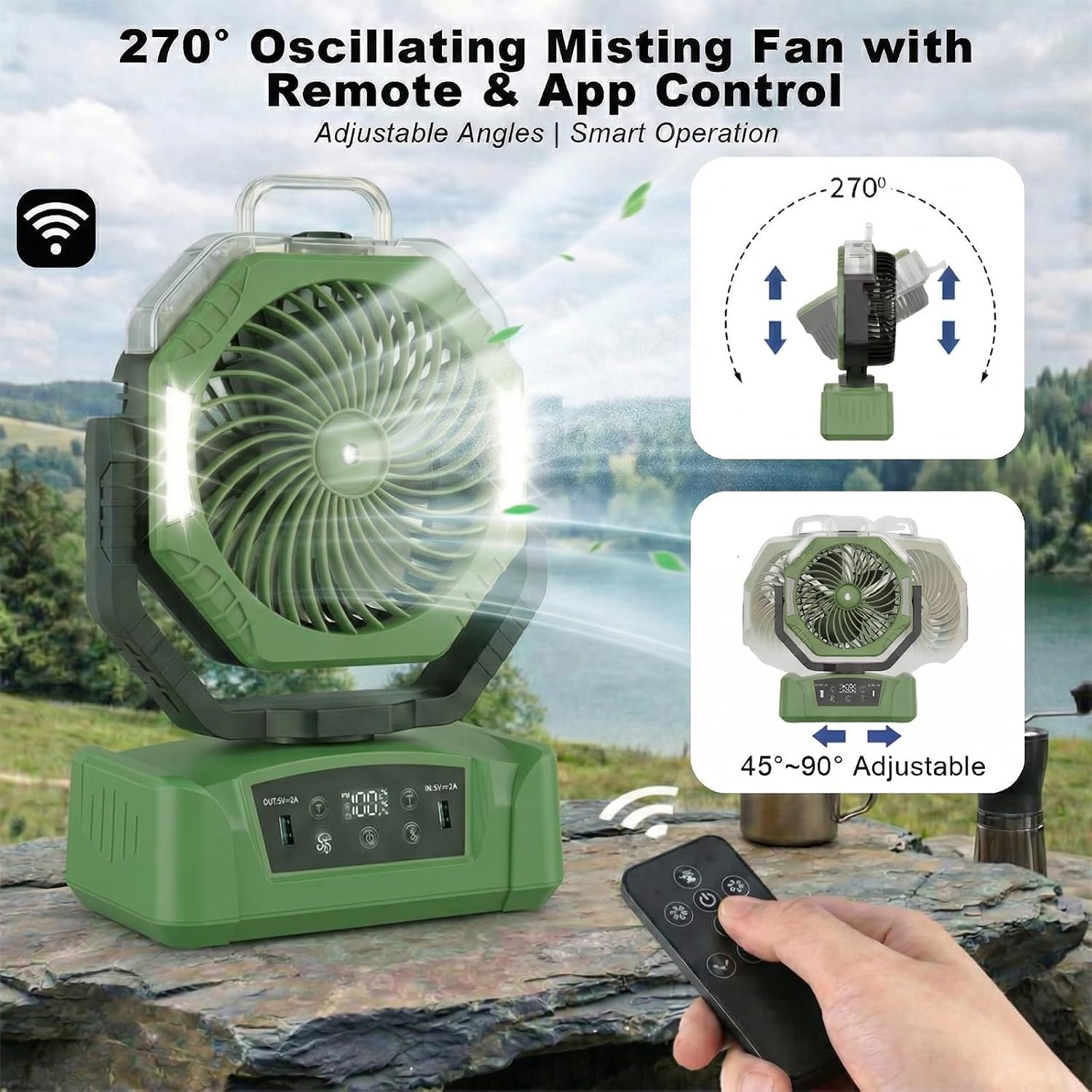Rechargeable Misting Camping Fan, 25000mAh Battery Powered Portable Mist Fan with [Water Tank] LED Light, Hanging Hook, 4 Speeds, Quiet Cooling Fan for Tent, RV, Patio, Beach, Outdoor Travel-Green