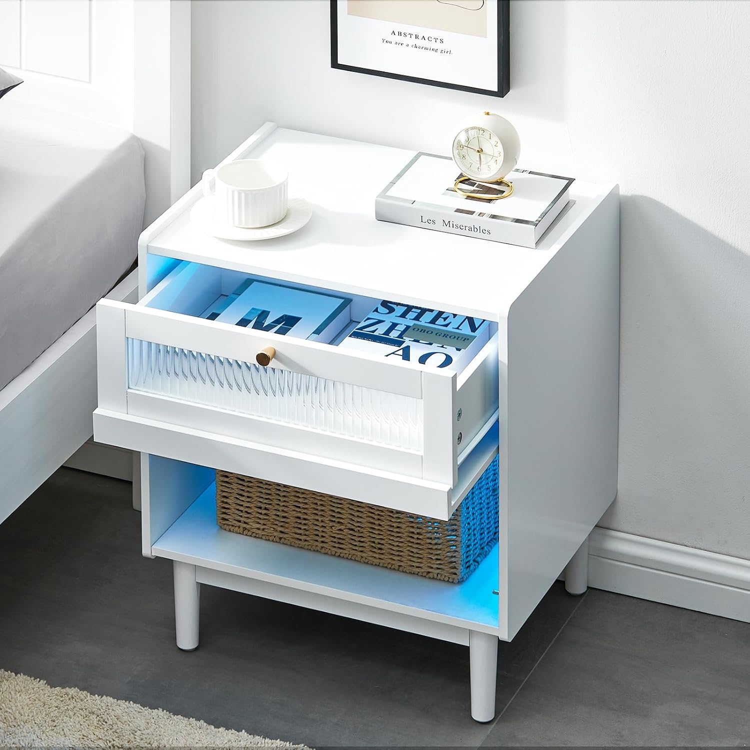 TUKAILAi Modern Nightstands with LED Lights, Bedside Table with Fluted Glass Drawer & Flip Door, Painted Wood Side End Table for Bedroom Storage (White)