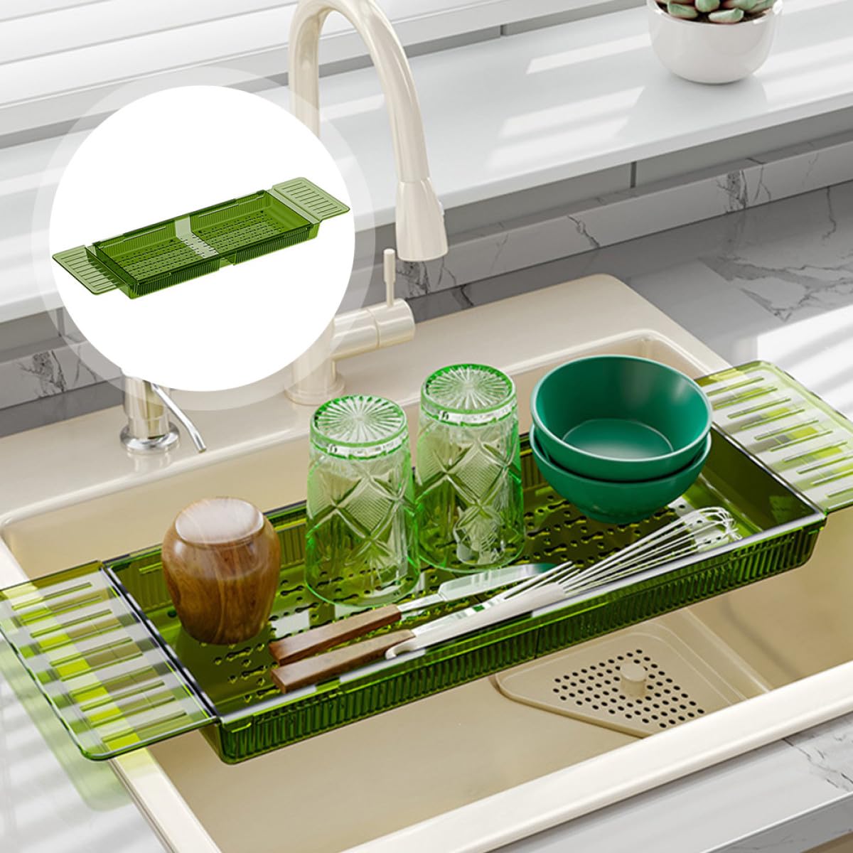VICASKY Vassoio per Vasca da Bagno Regolabile, Bath Table per Tub, Pet Verde, Recessi per Accessori, Robusto, per Bagno e Relax in Vasca