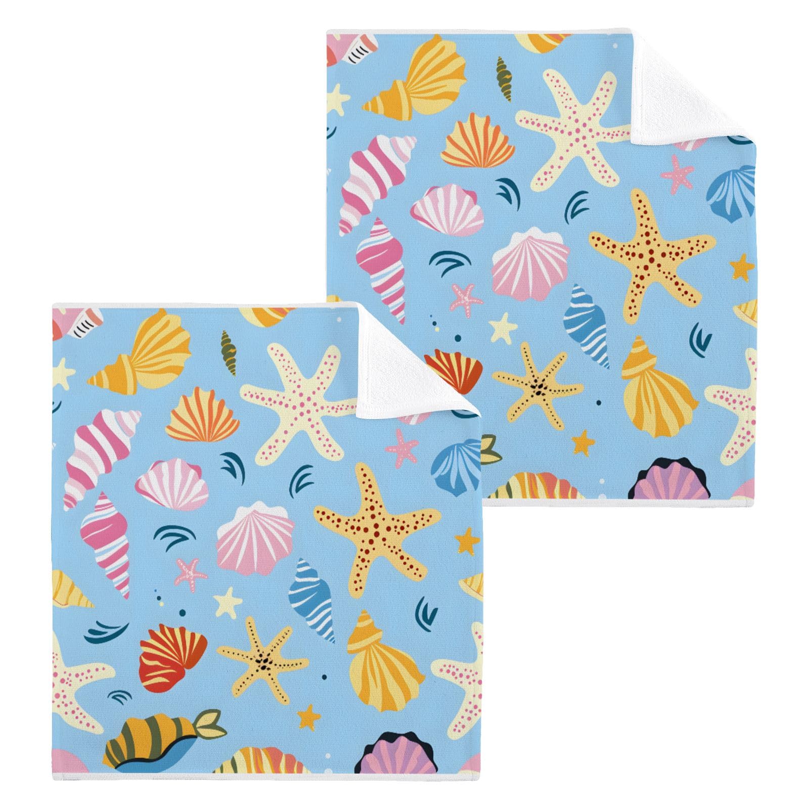 ALAZA Wash Cloth Set 100% Cotton Fingertip Towels Face Cloths Sets Hand Drawn Sea Shells Highly Absorbent Soft Feel Set of 2