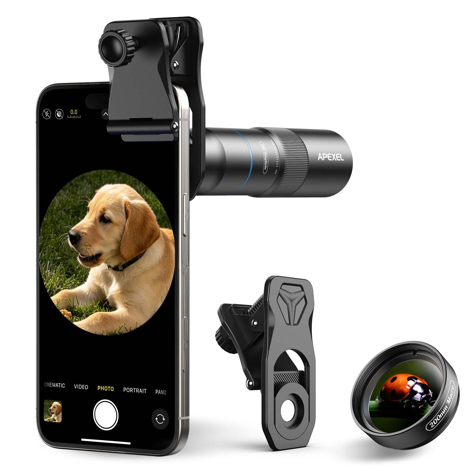 APEXEL Upgrade 10x-Teleobjektiv für Smartphone & 200-mm-Makroobjektiv