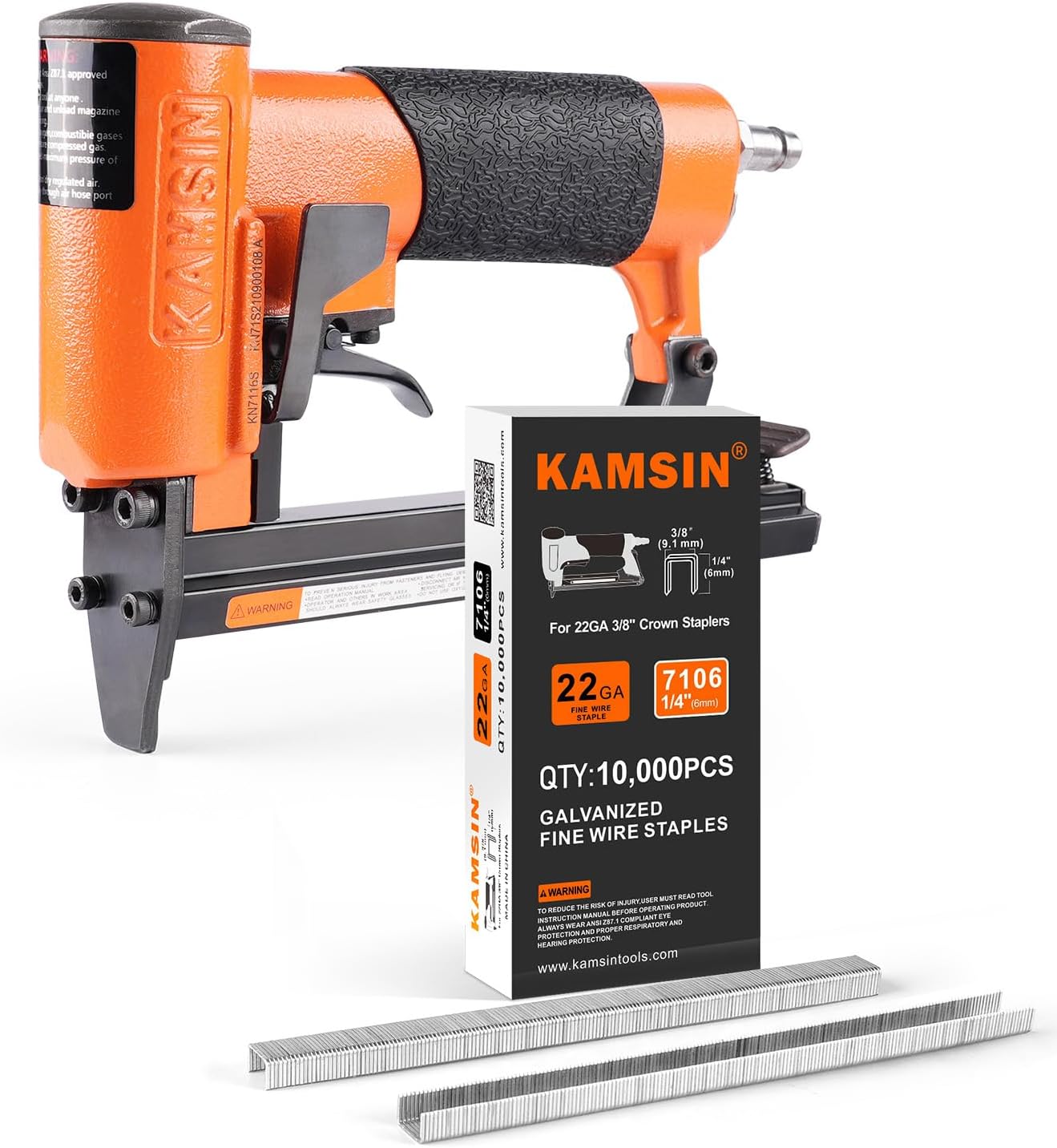 KN7116S 22 Gauge Pneumatic Upholstery Stapler Bundle with 10,000pcs 3/8" Crown 1/4" Leg Length KAMSIN 7106 Staples