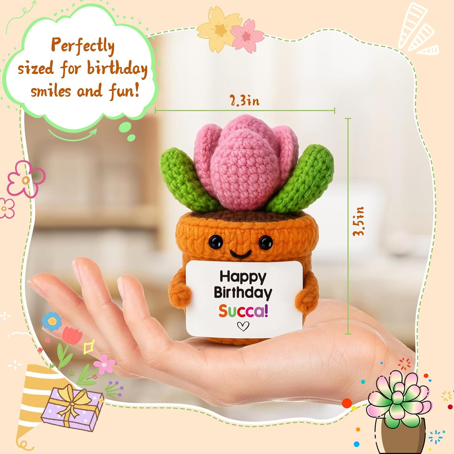 MAMAGIFTREE Funny Birthday Succulent Gift – Handmade Crochet Plant Decor with “Happy Birthday Succa” Message – Cute Birthday Gift for Women, Friends, Coworkers, Sister, Bestie