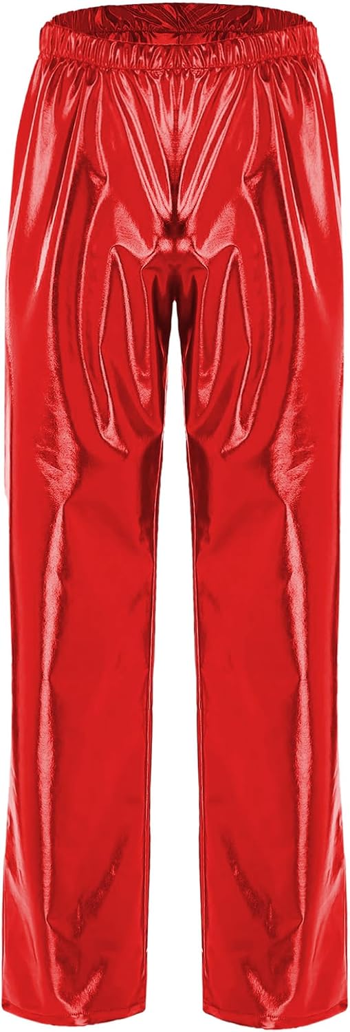 Men's Elastic Waist Metallic Pants Disco Trousers Loose Straight Leg Pants Clubwear Streetwear