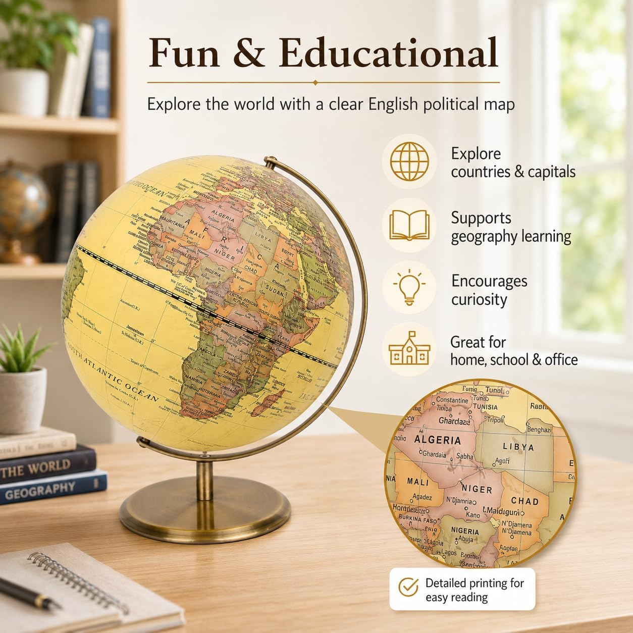 Exerz 30 cm antyczny globus świata z brązowy metal Arc i podstawa vintage | vintage kolor nowoczesny mapa dom biuro Library Classroom geografia nauka podróż Décor i Thoughtful Gift Ideas