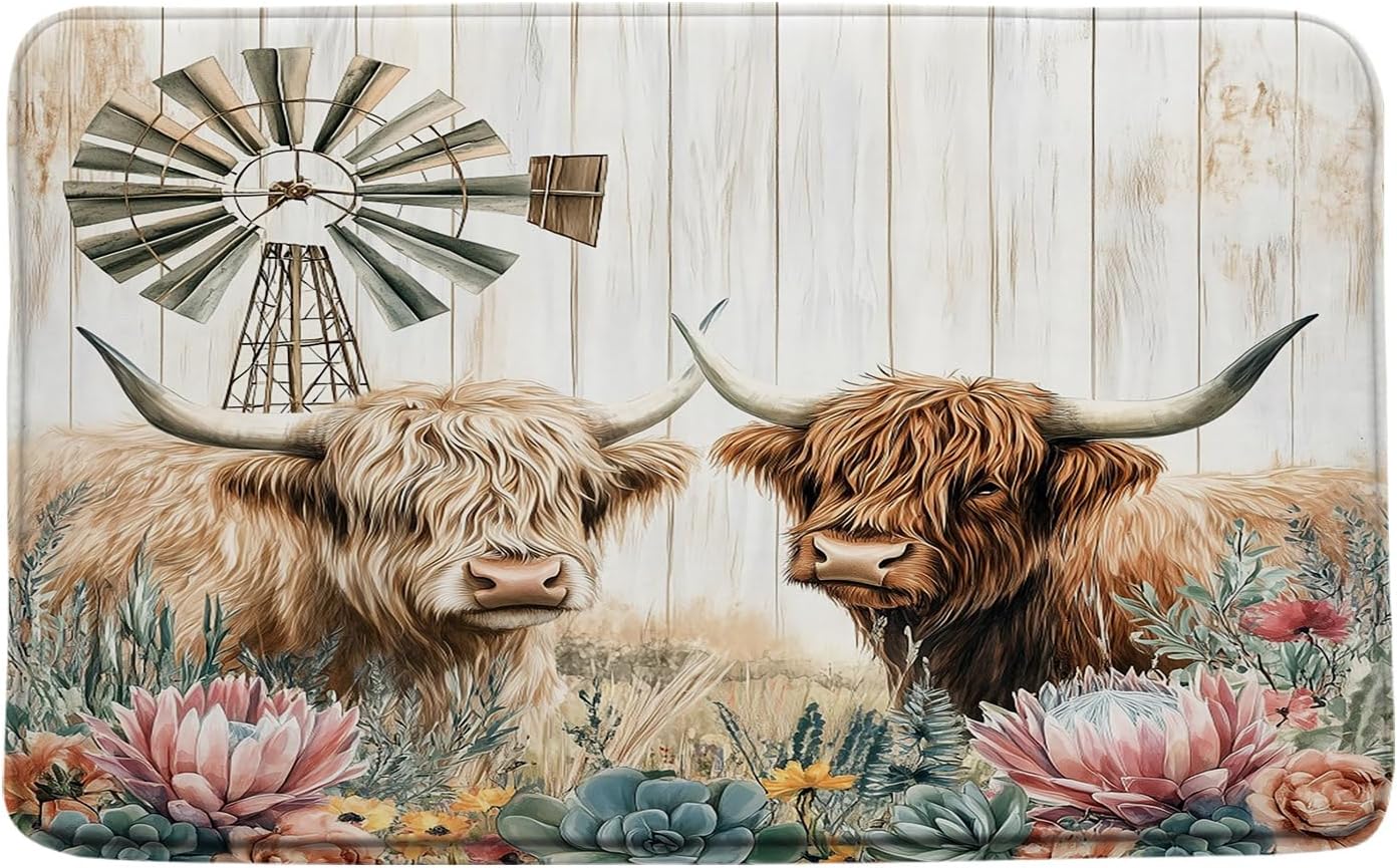 Sunhe Farmhouse Highland Cow Bath Mat Rustic Farm Animal Brown Longhorn Bull Cactus Flower Windmill Barn Door Vintage Memory Foam Home Office Door Bathroom Decor Mat,24"x70"