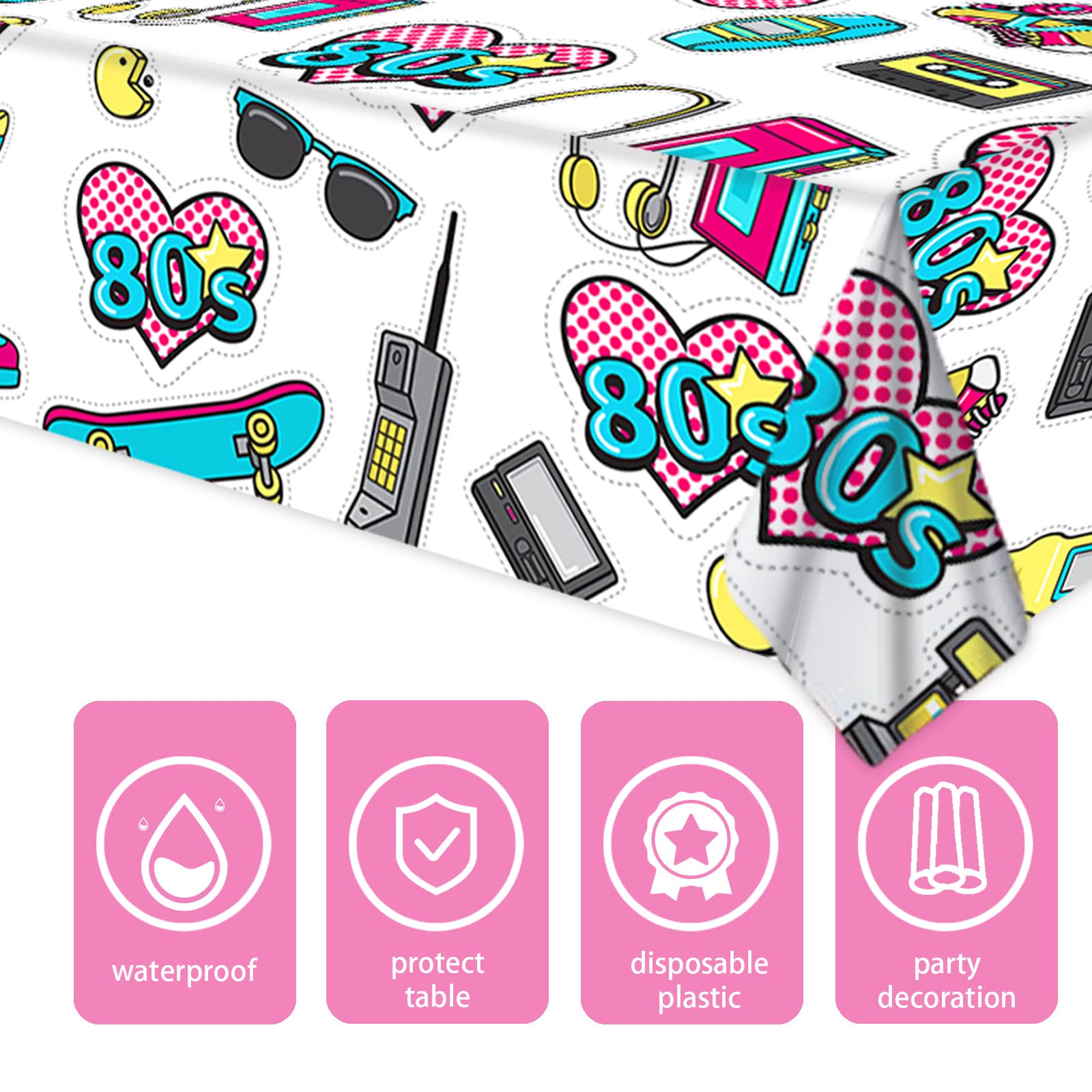 4 Pcs Back To The 80's Tablecloths - Retro Radio & 80s Party Table Covers For 80th Birthday Decor