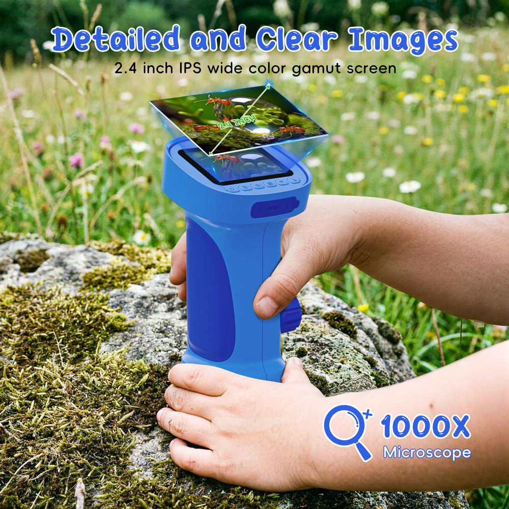 Mikroskop für Kinder, Temodu 2.4" Bildschirm, 1000X USB Tragbares Taschenmikroskop, Wiederaufladbares Tragbares Mikroskop, Mikroskope Anschluss an PC, Science draussen ab 3 Jahren (Blue)