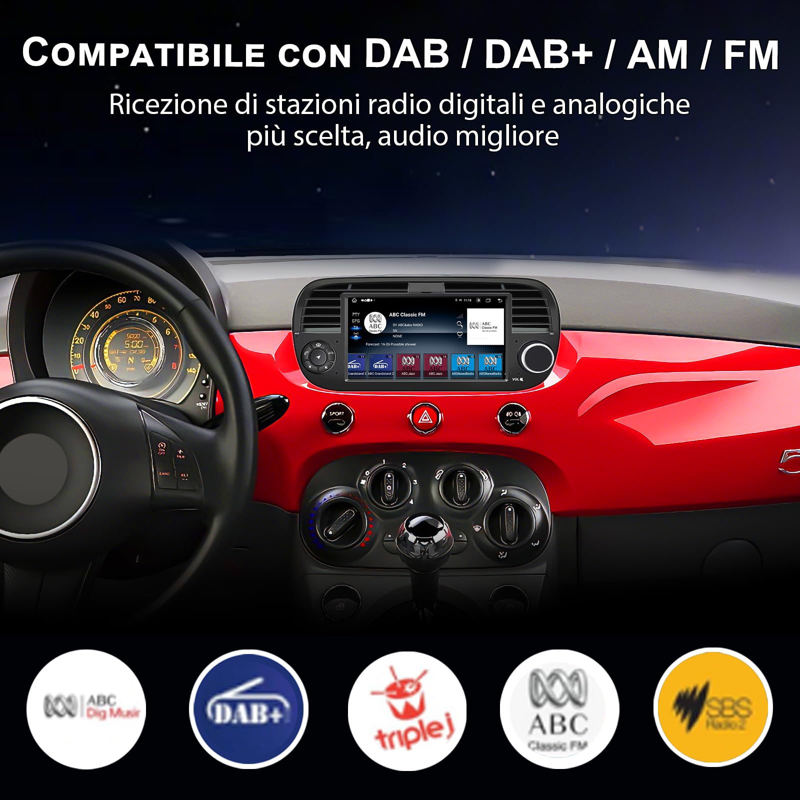 Autoradio Android 14 per Fiat 500C 2007–2015 7" Touchscreen IPS | Navigatore GPS | Wireless CarPlay Android Auto | Bluetooth 5.0 | DSP DAB+ WiFi USB OBD2 | Stereo 1 DIN con Canbus