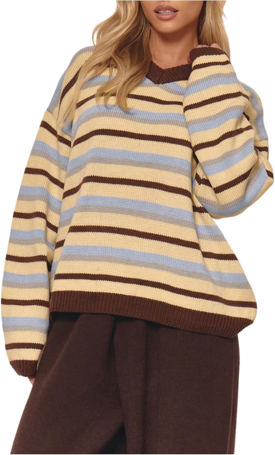 MakeMeChic Women's Striped V Neck Pullover Sweater Long Sleeve Oversized Y2K Knit Tops