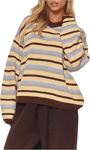 MakeMeChic Women's Striped V Neck Pullover Sweater Long Sleeve Oversized Y2K Kni