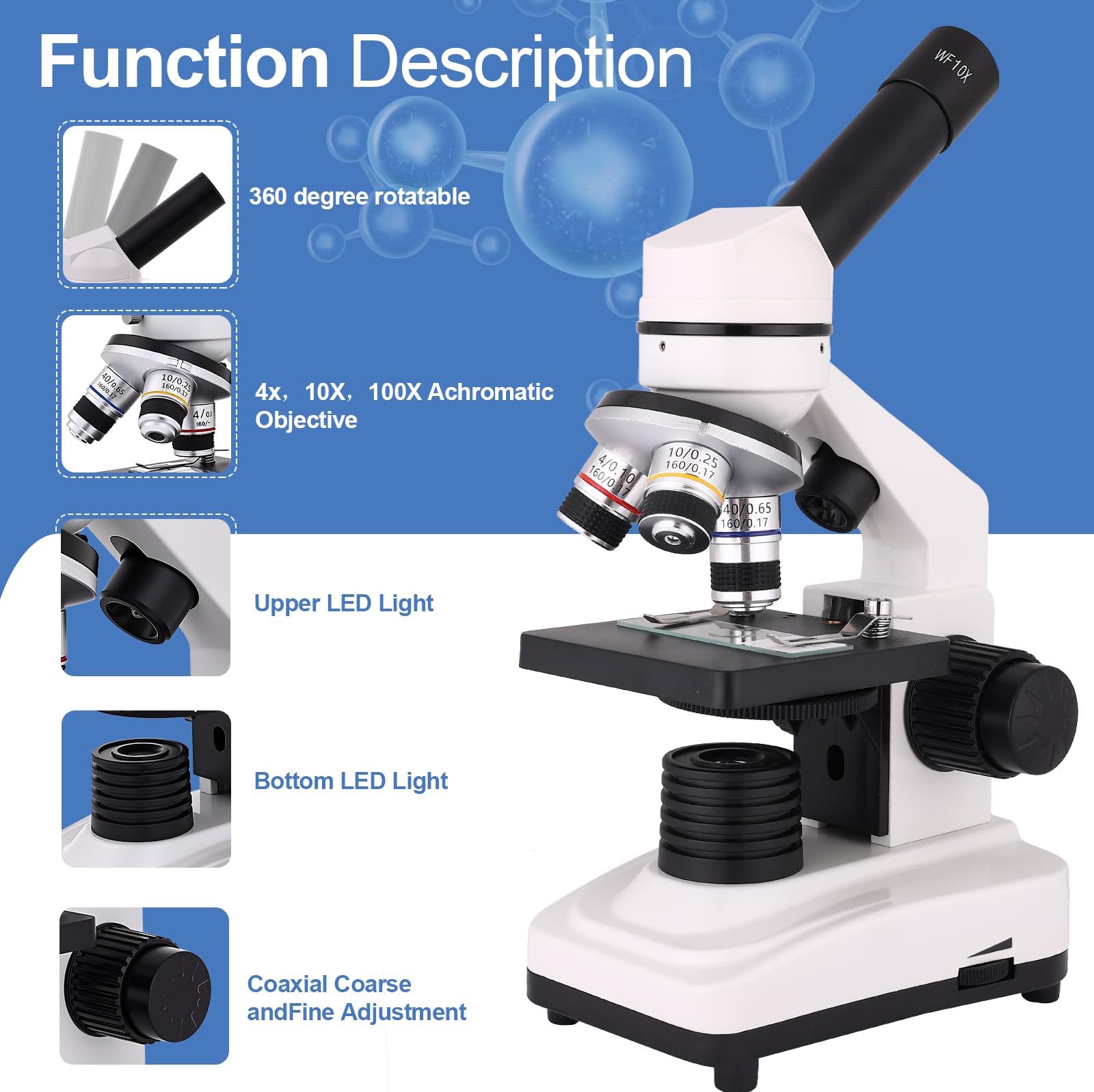 Microscopio para adultos y niños, microscopio de alta potencia 40X-2500X con pantalla de 5 pulgadas, para laboratorio escolar y escuela en casa, equipado con juego de diapositivas y soporte para