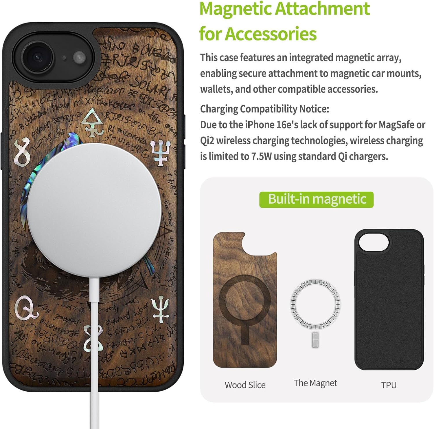 Carveit Magnetic Wooden Case for iPhone 16e / 17e, Wood Artisan Engraved & Handmade Shell Inlaid, TPU Shockproof Cover, Compatible with MagSafe Wireless Chargers, Grim Reaper of Carved - Walnut