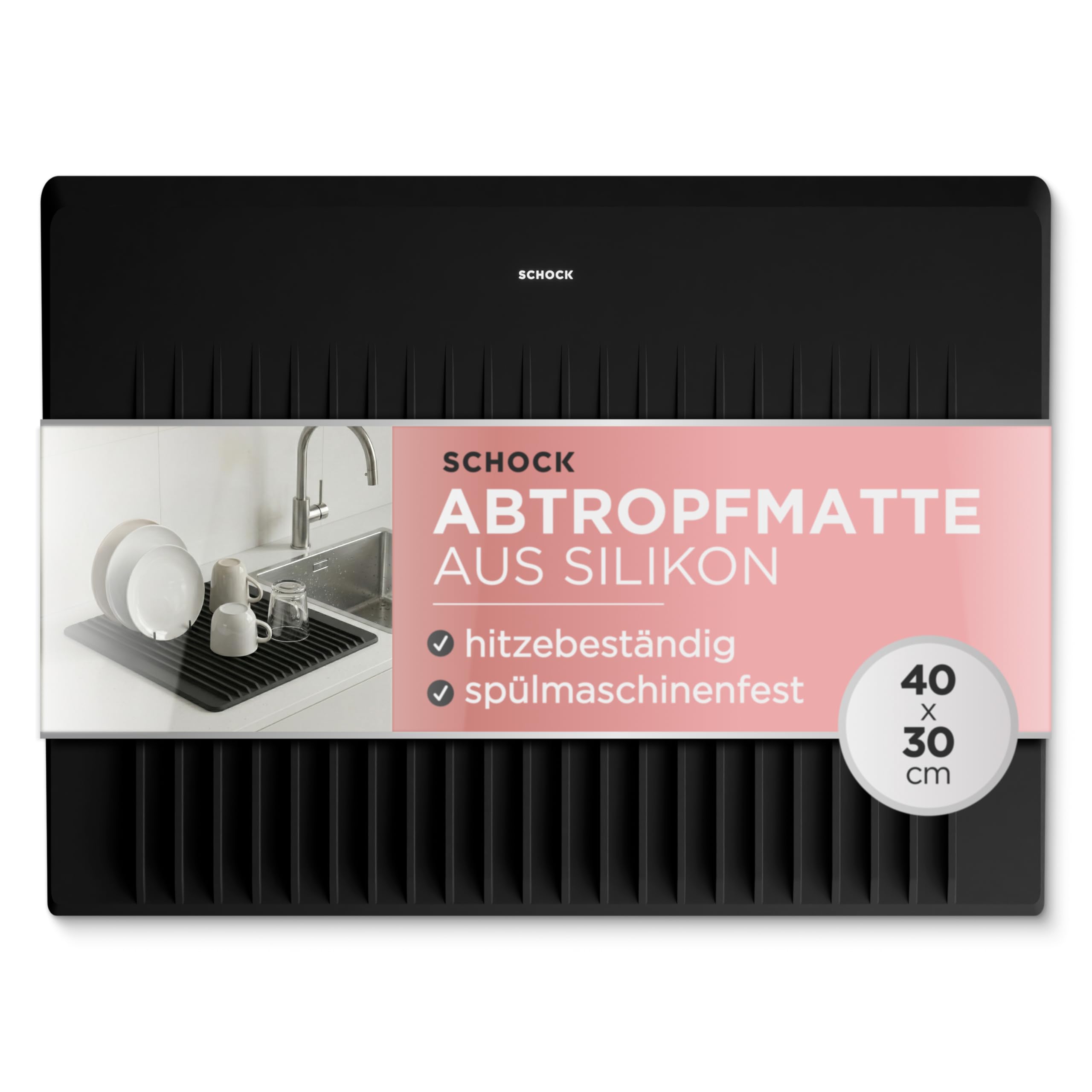 SCHOCK® Abtropfmatte Silikon anthrazit 40x30cm I Hitzebeständige und flexible Abtropfmatte für Spülen ohne Abtropffläche I Spülmaschinenfest rutschfest I Geschirr Abtropfmatte spülmaschinengeeignet