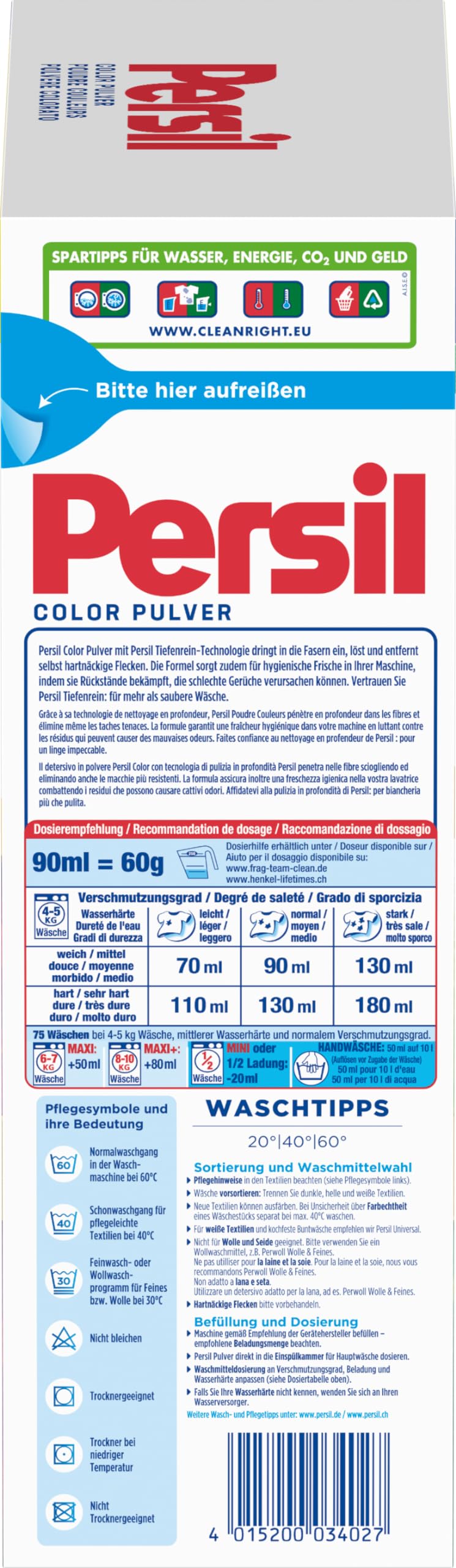 Persil Detergente in polvere per bucato profondo (75 lavaggi), detersivo per colori per capi puri e freschezza igienica per la macchina, efficace da 20 °C a 60 °C