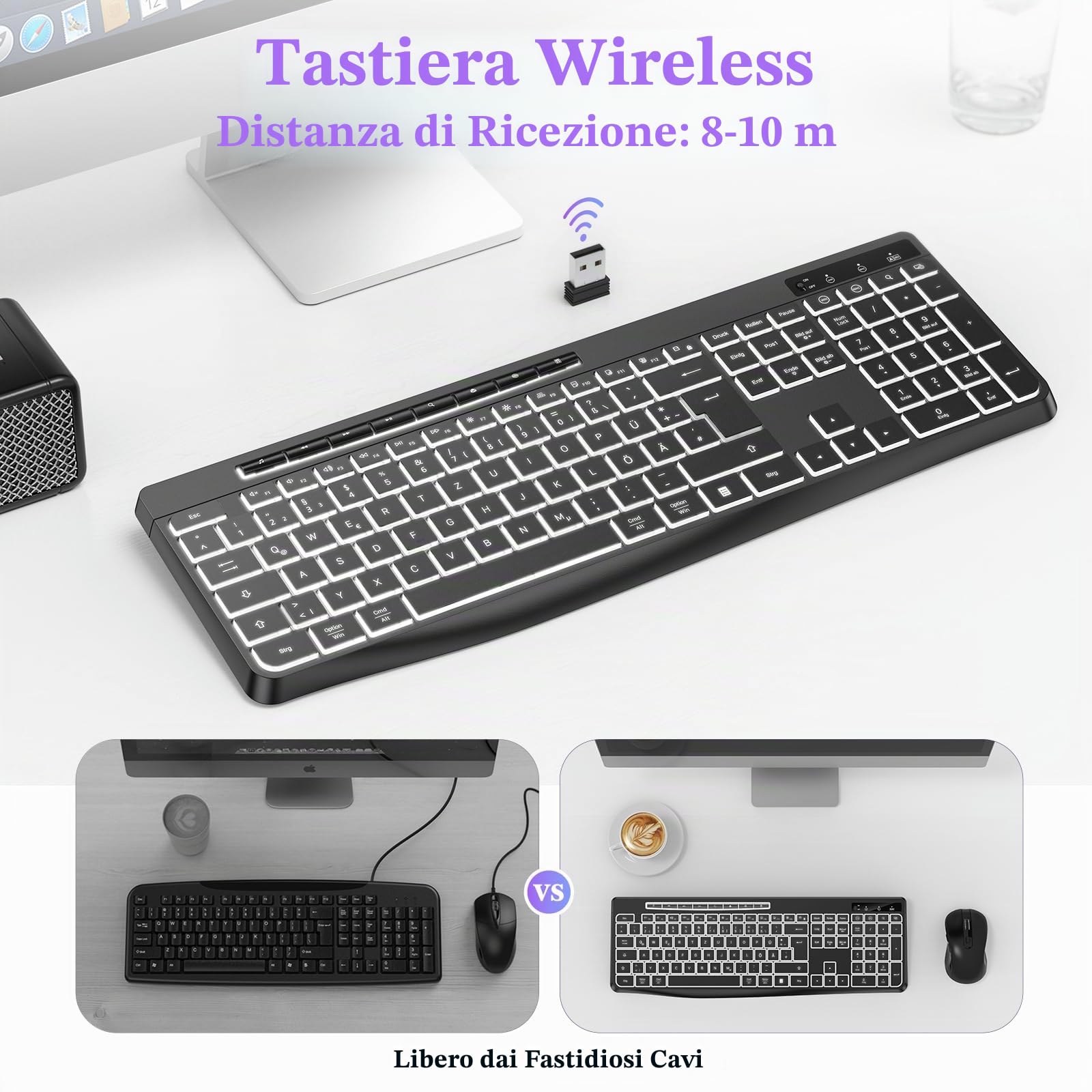 TECURS Tastiera senza fili per gaming PC, tastiera silenziosa, QWERTZ, bianca, illuminata, ergonomica, impermeabile, 2,4 GHz, tastiera a LED per Windows/Mac/PS4/Xbox con tasti multimediali, colore