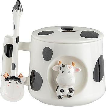 DIHOclub Adorable 3D Ceramic Cow Mug with Lid and Spoon - Perfect for Coffee, Tea, Milk, and More - Ideal Gift for Animal Lovers Gift for Mather- 14 OuncesBLack white