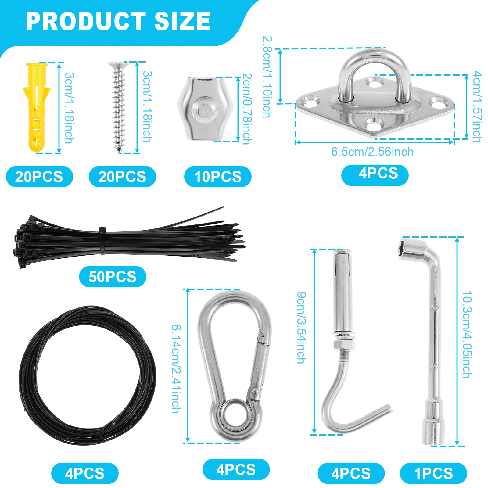 US Sun Shade Sail Hardware Kit 304 Stainless Steel Awning Fixing Installation Kit Adjustable Shade Sail Mounting Kit Awning Attachment for Square Triangle Rectangle Shade Canopy(Style 1)