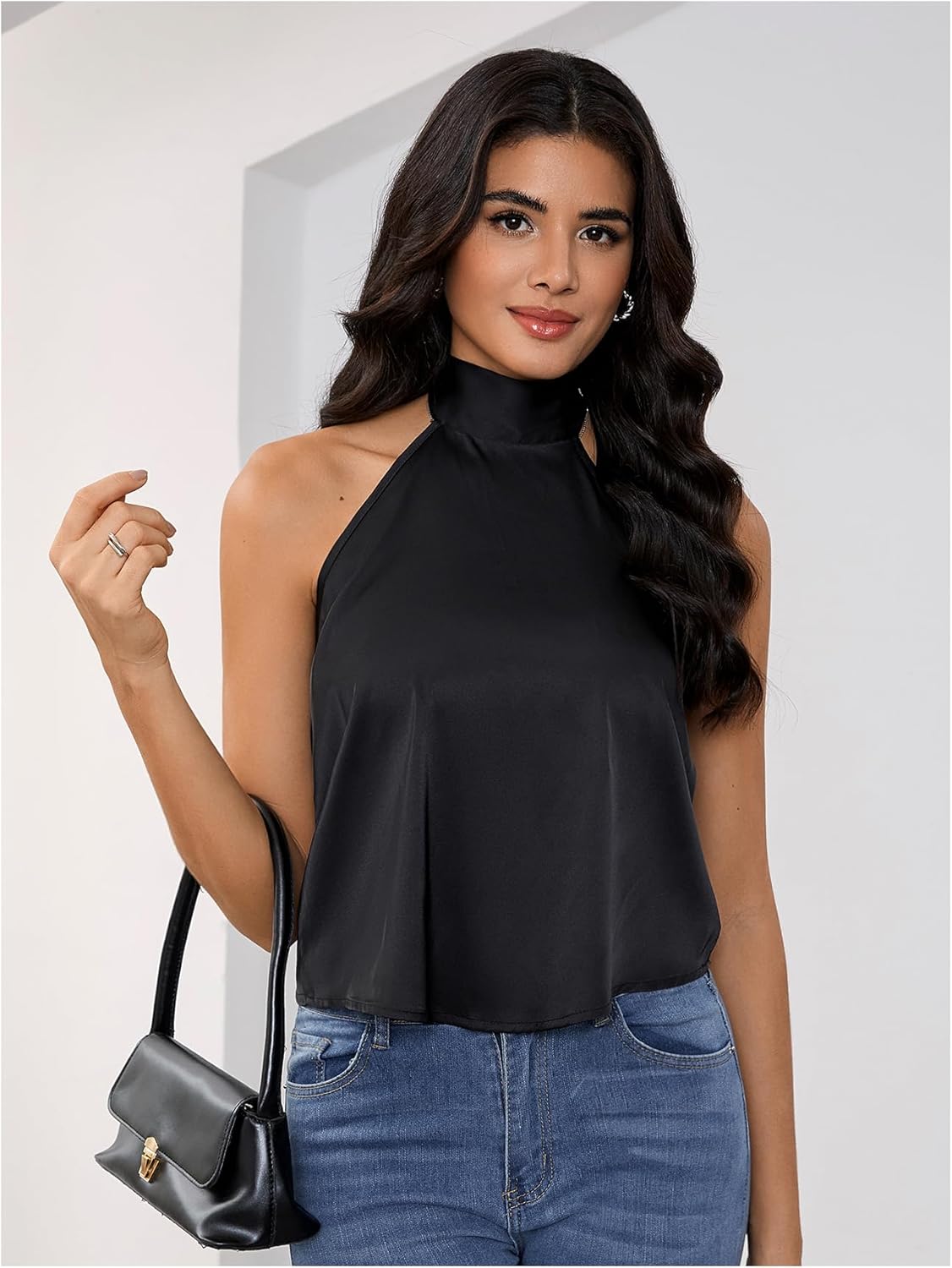 MAKEMECHIC Women's Satin Silk Halter High Neck Tops Backless Sleeveless Camisole Party Club Classy Going Out Top - Image 4