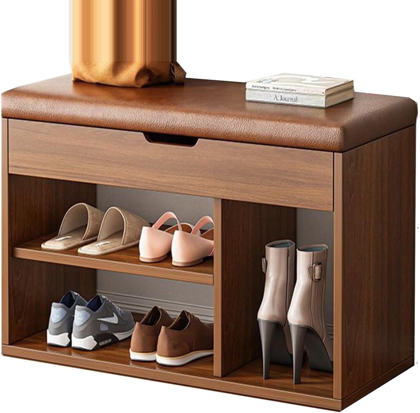 JAVPTAV 2Tier Shoe Rack for Entryway, Wooden Shoe Bench with Padded PU