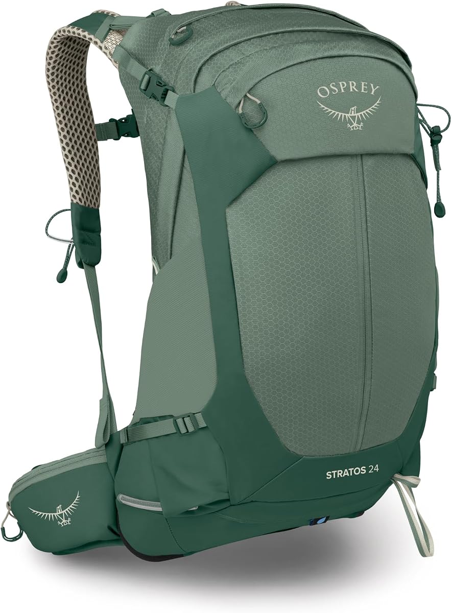 Mochila de senderismo para hombre Osprey Stratos 24L - Mochila ajustable con funda impermeable para la lluvia y bolsillos para botellas, hoja de pino