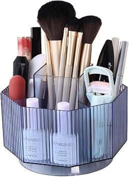 LINFIDITE 360Rotating Makeup Organizer Holder Cosmetic Display Case Clear Makeup Brush Lip Gloss Organizer Case with 5 Slots Round Turntable Storage Tray for Vanity, Bathroom, Counter Organizer Blue