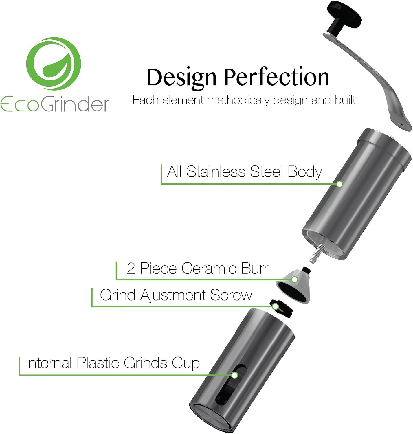 Premium Ceramic Burr Manual Coffee Grinder, Best Coffee Bean Grinder by EcoGrinder - Adjustable, Portable, Stainless Steel, Aeropress Compatible, Comes w/Cleaning Brush