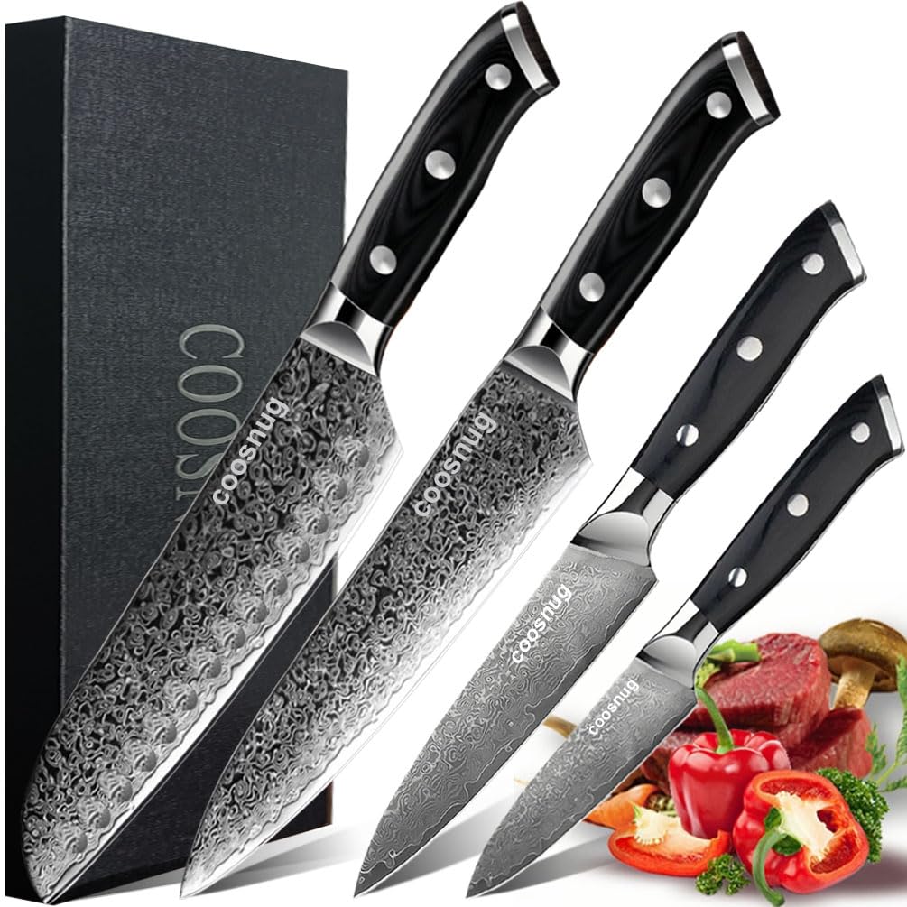 Damascus 4Pcs Kitchen Knife Set, Japanese VG-10 Stainless Steel 67 Layers Damascus Knife, Japanese 8" Chef knife, 7" Santoku knife, 5" Utility knife and 3.5" Paring knife Sharp Cooking Knife