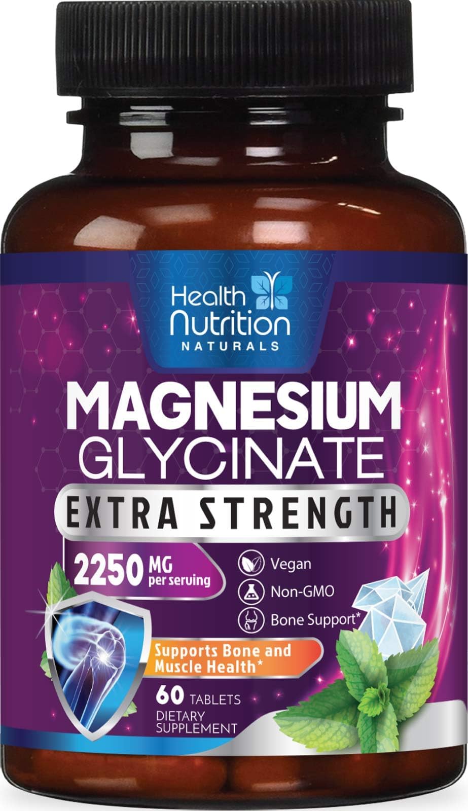 Magnesium Glycinate 250 mg with Calcium - Max Absorption Magnesium Tablets for Muscle, Nerve, Bone & Heart Health Support, Minor Muscle Cramp Support - Non-GMO, Vegan Supplement - 60 Tablets
